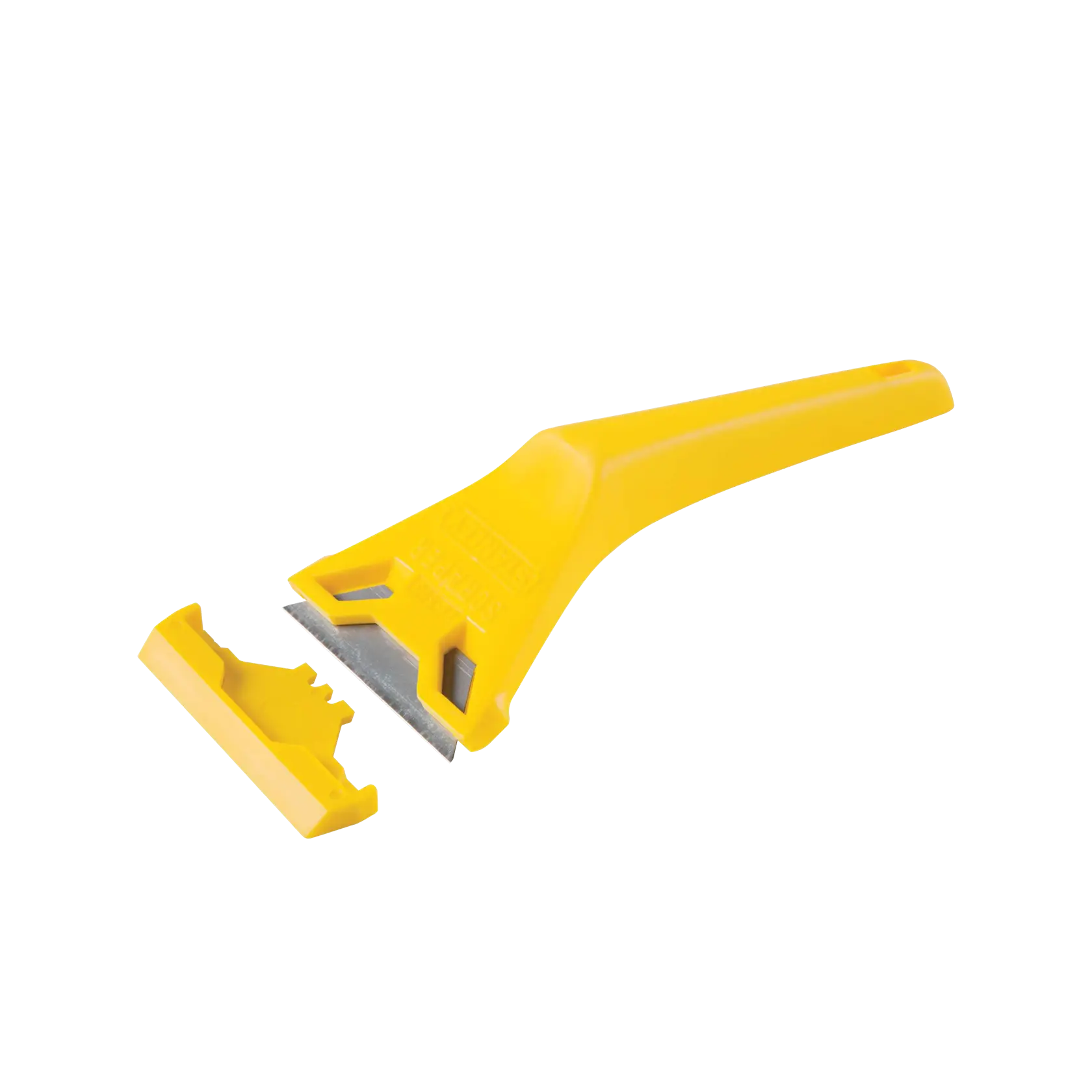 STANLEY yellow plastic razor scraper with protective blade cover, angled product shot on white background