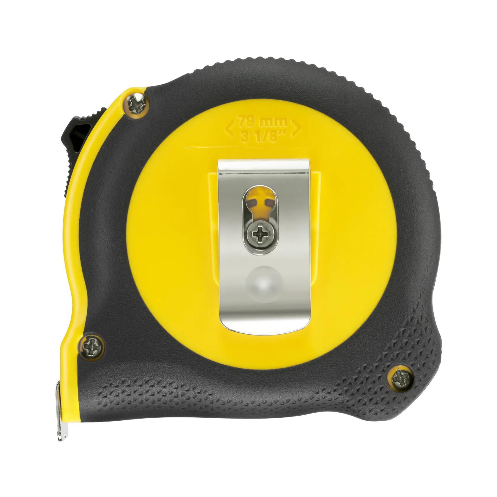 STANLEY 30-394 tape measure with yellow and black casing, belt clip, rear view, on white background.