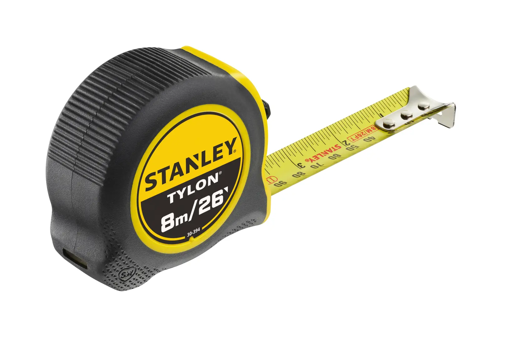 STANLEY 30-394 tape measure Tylon 8m/26ft, black and yellow, side angle on white background.