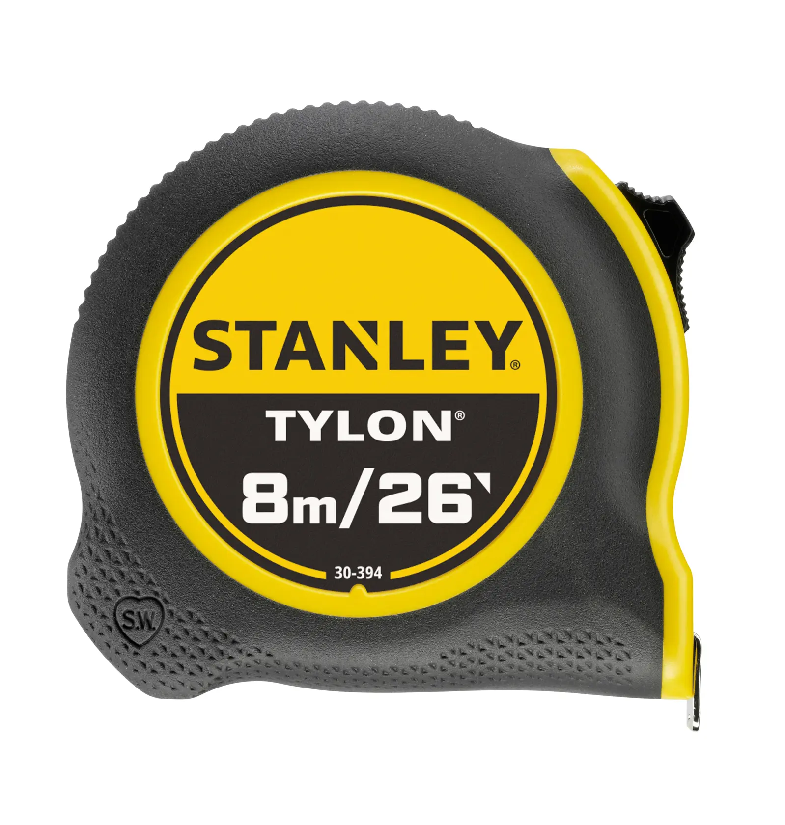 STANLEY 30-394 tape measure, 8m/26ft, black and yellow casing, front angle, photography.