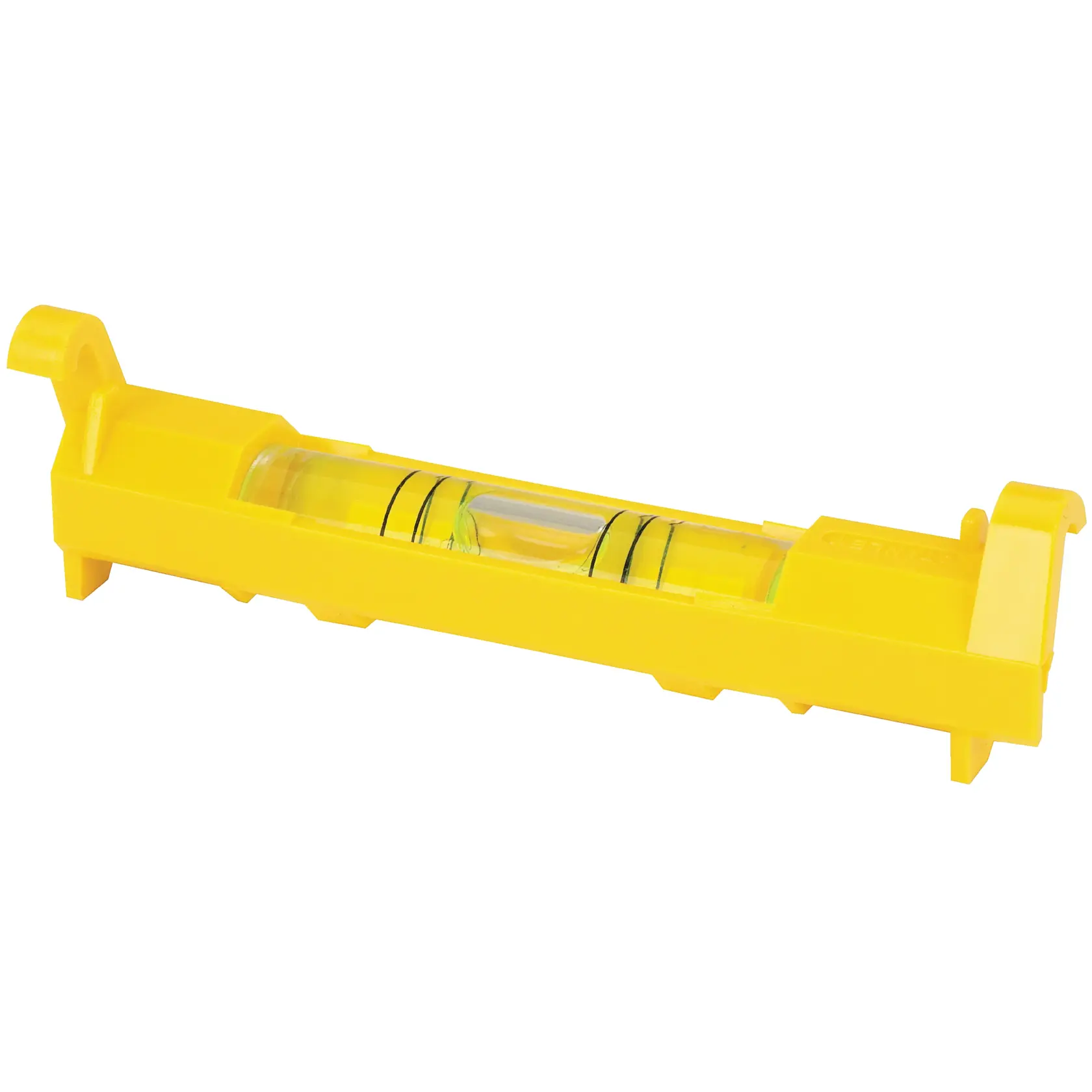 STANLEY 42-193 yellow line level with bubble vial, side angle on white background.
