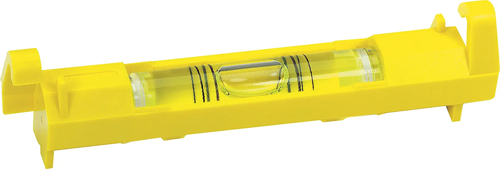 STANLEY 42-193 yellow line level, rectangular plastic body with bubble vial, side angle on white background.