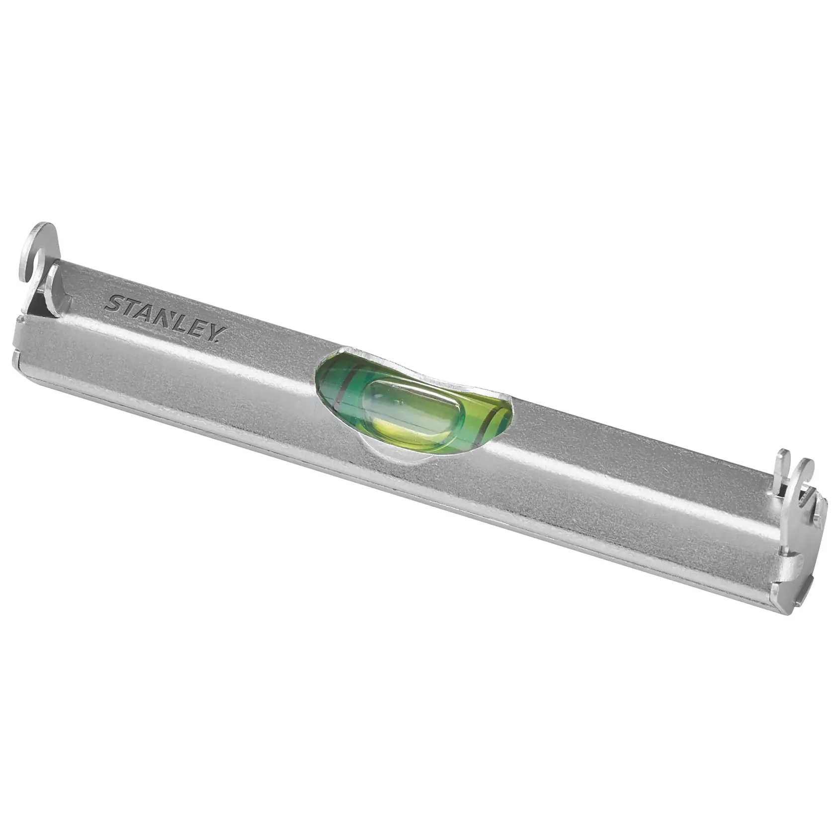 STANLEY 42-287 aluminum line level with green vial, side angle on white background.