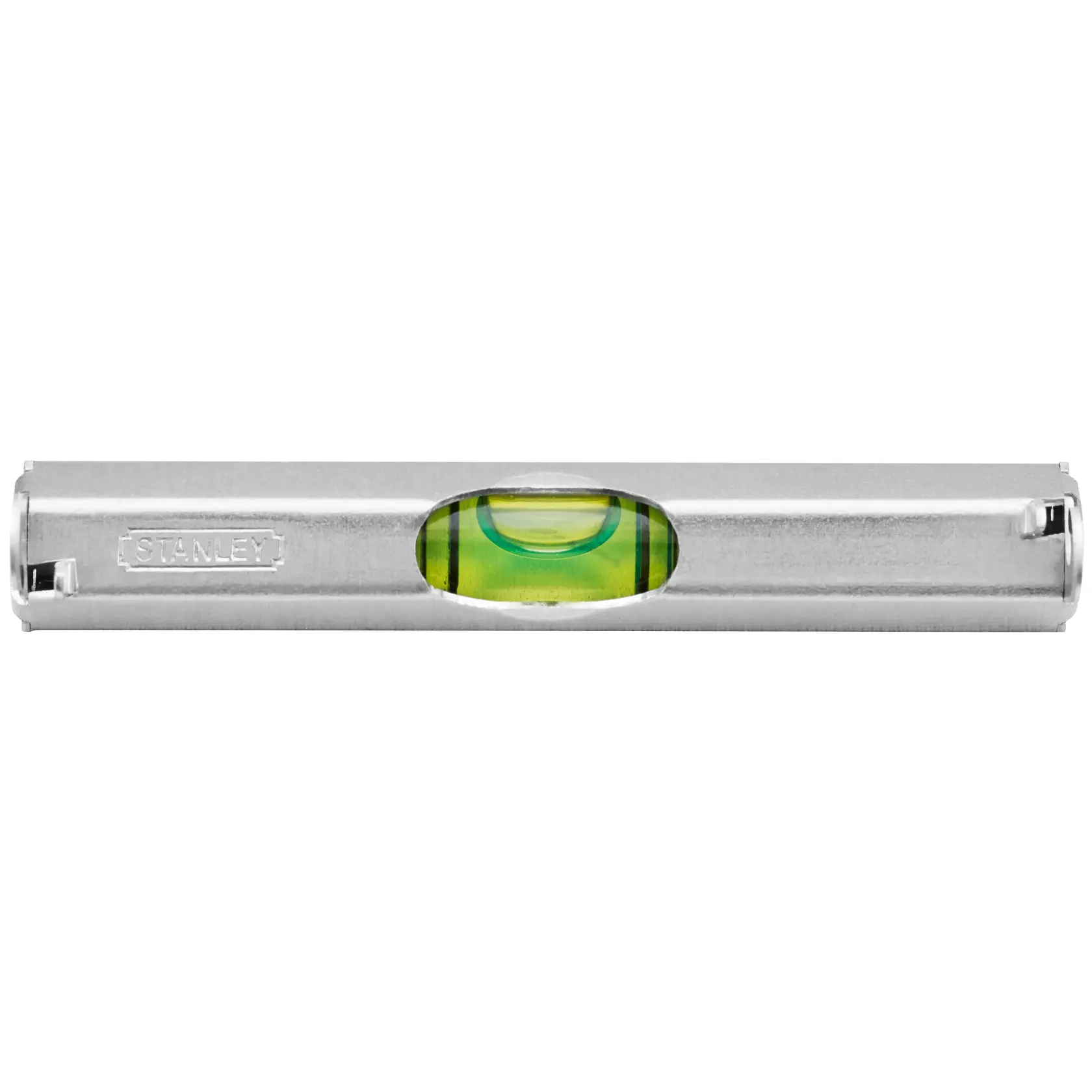 Photo of STANLEY 42-287 torpedo level, silver metal body with central green vial, front view on white background.