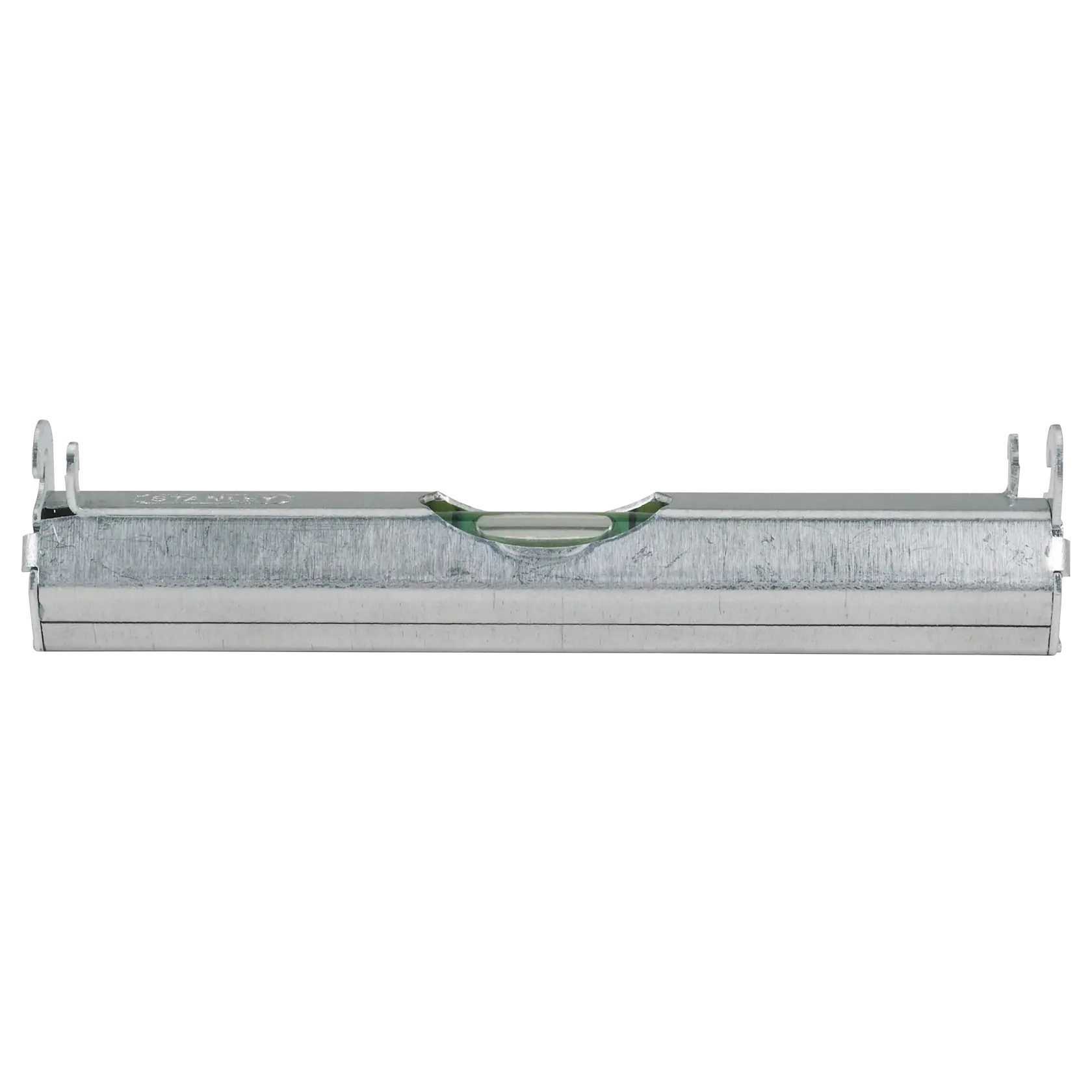 Stanley metal spirit level front view, silver finish, horizontal bubble indicator, photography category