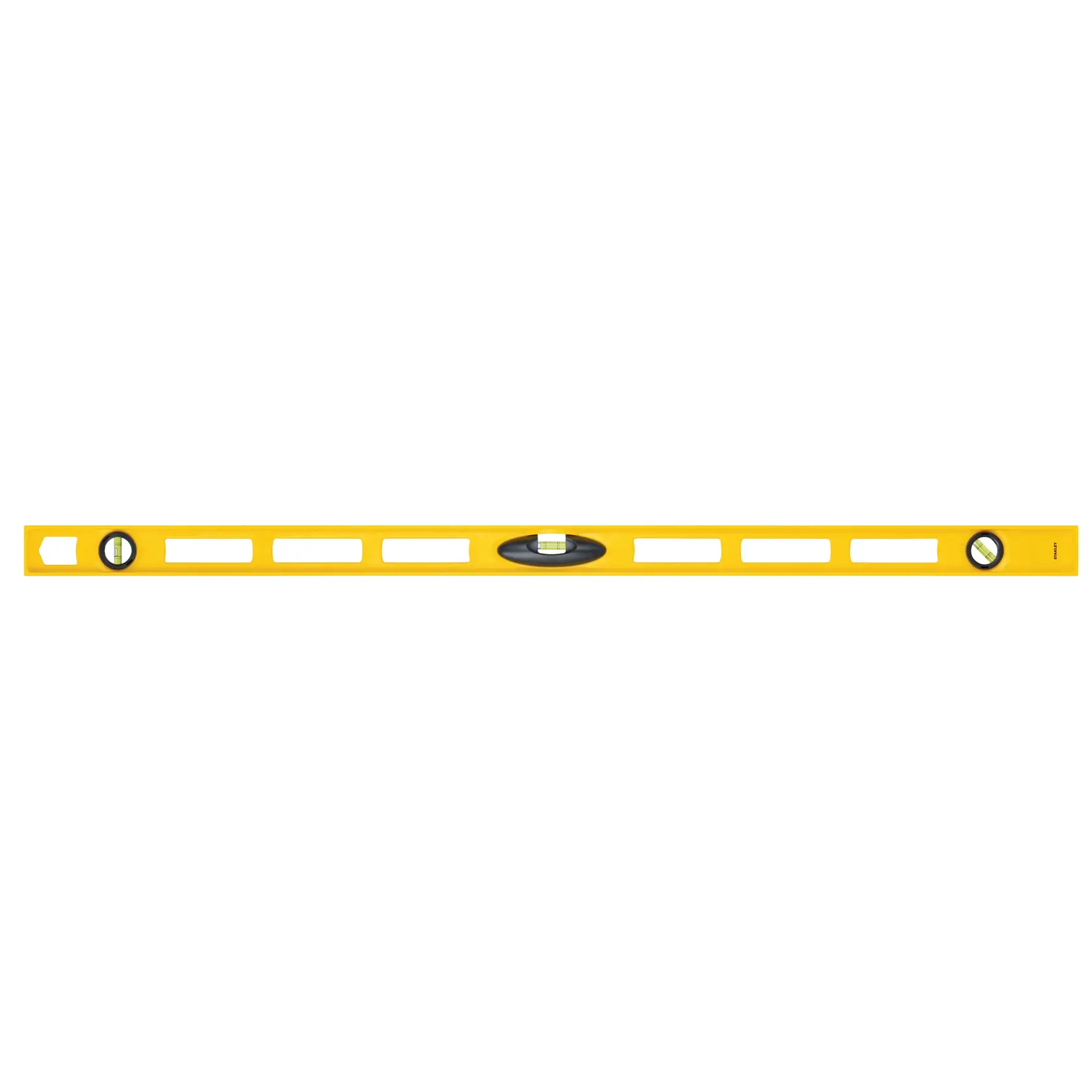 Stanley yellow box level with three bubble vials, straight-on angle, shown on white background