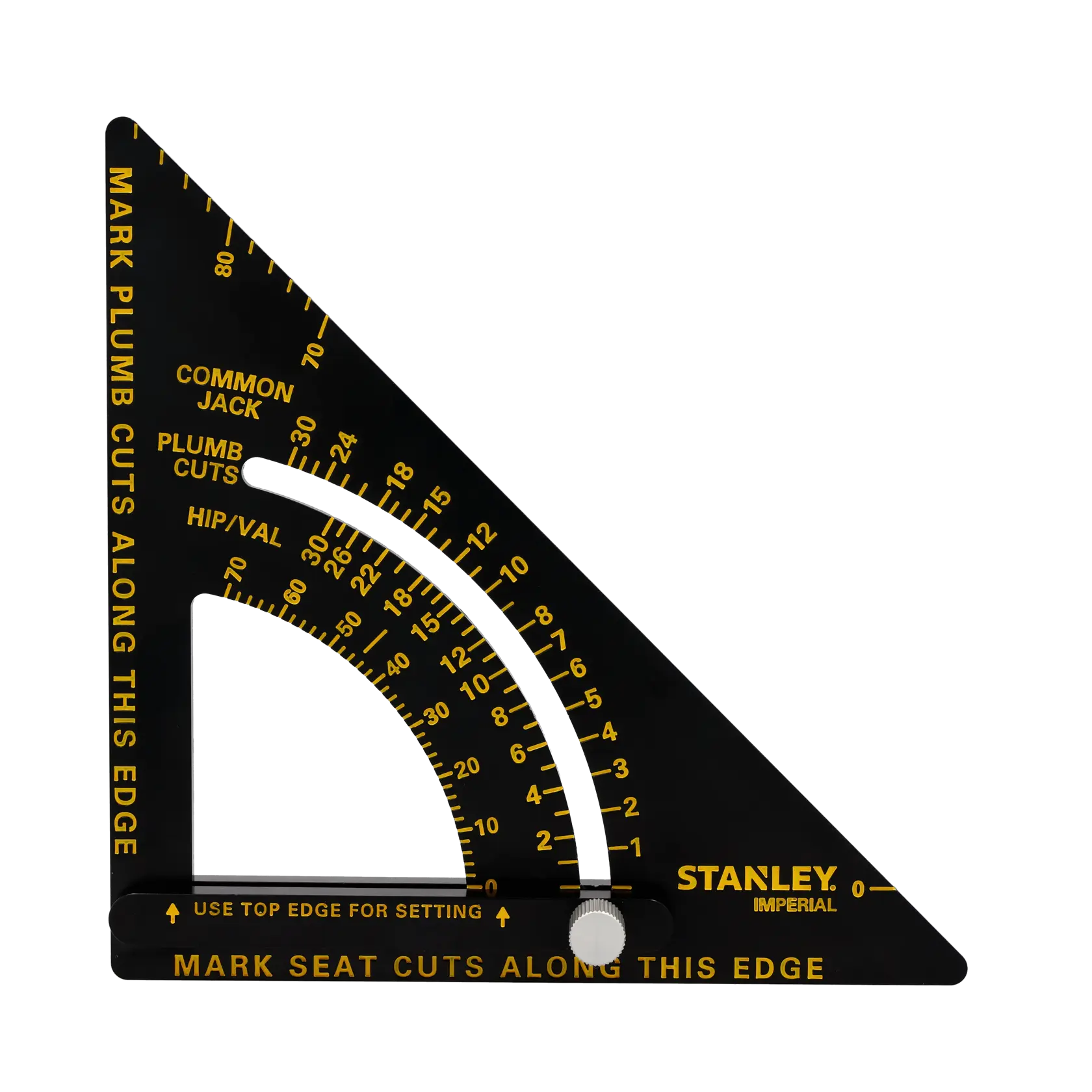 STANLEY 46-053 photography of black and yellow roofing square, top angle with measurement markings.