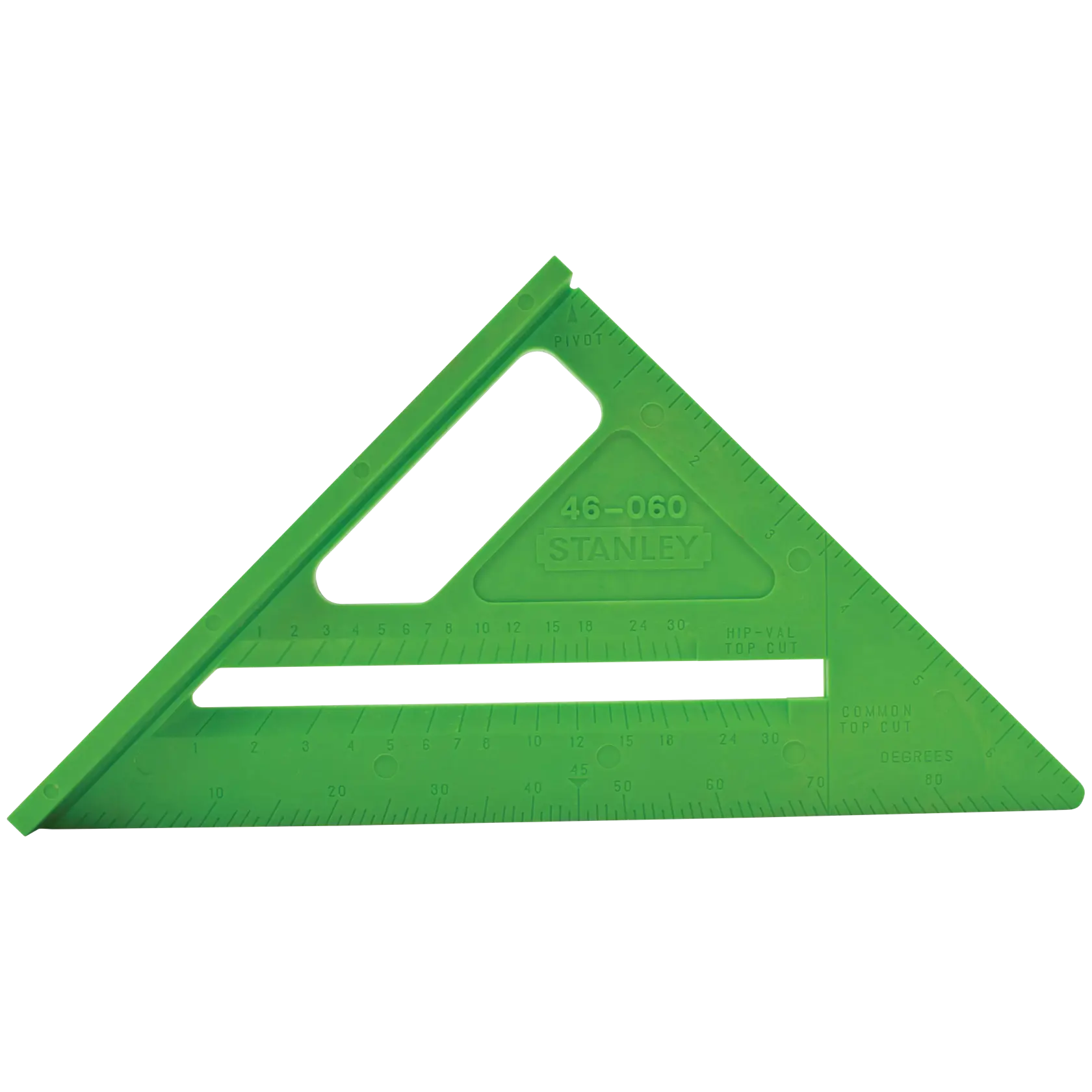 Front angle, STANLEY green plastic rafter square with measurement markings and cutout handle on white background.