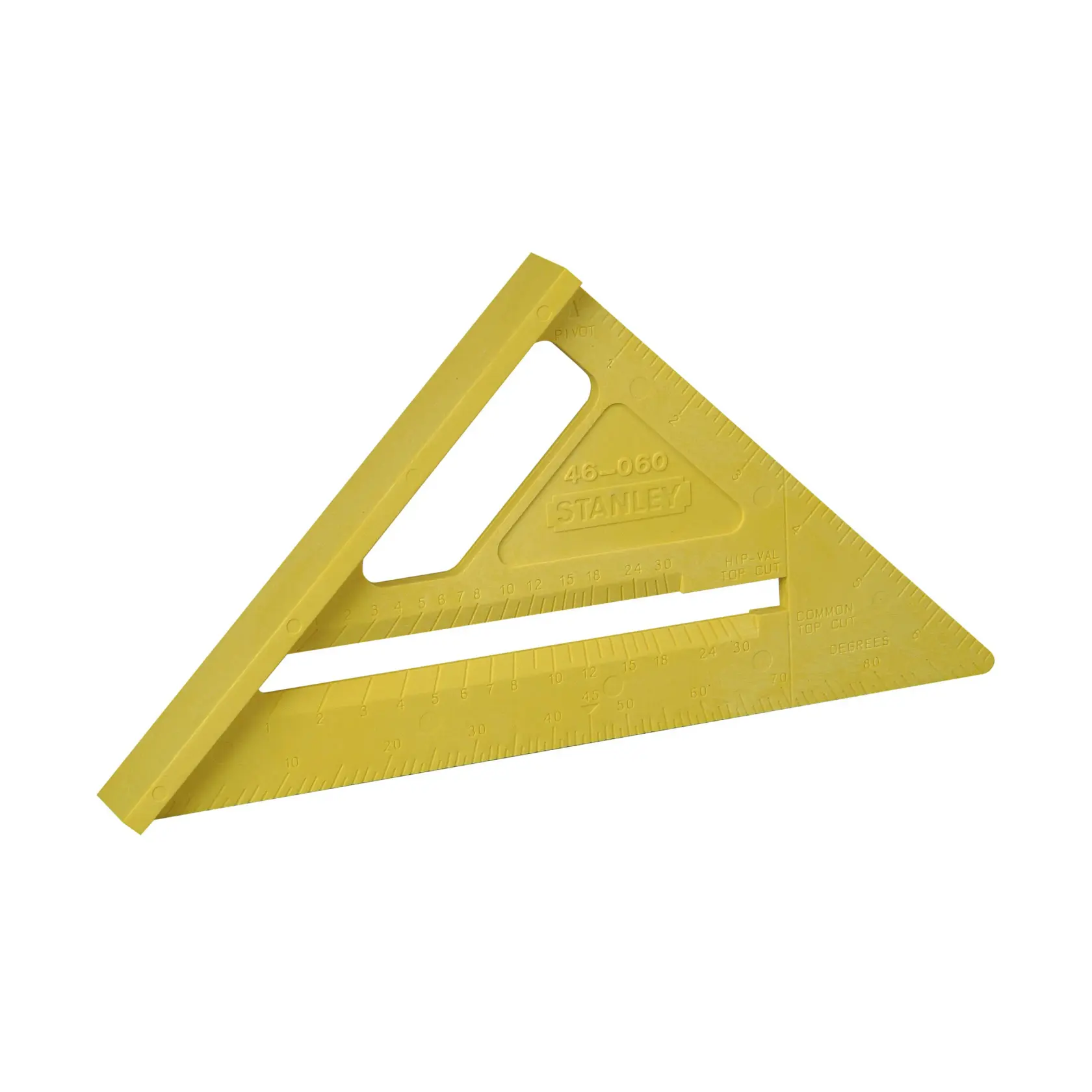 Stanley yellow plastic rafter square, angled shot on white background