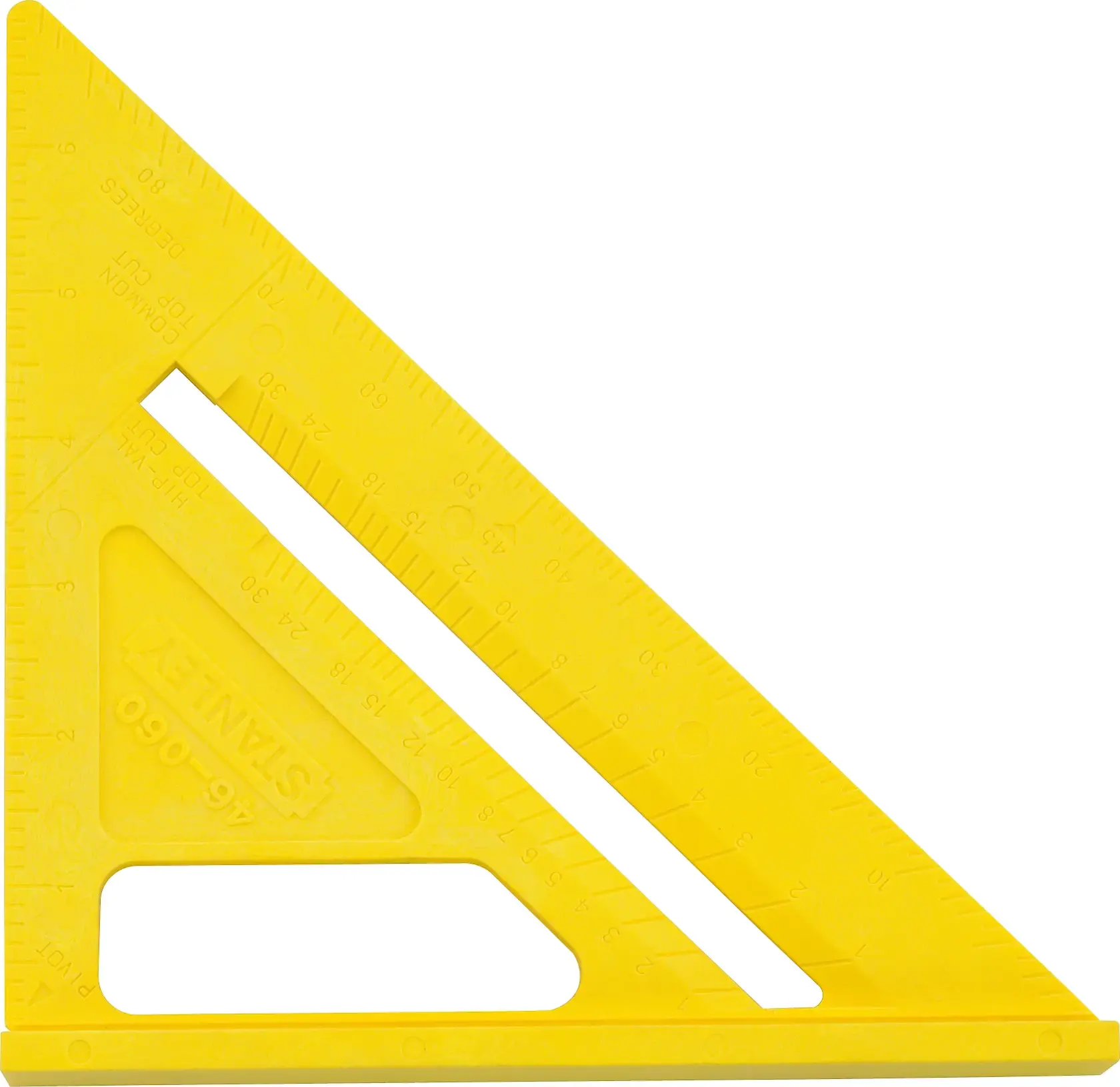 STANLEY 46-060 yellow plastic carpenter square, front angle, photography on white background.