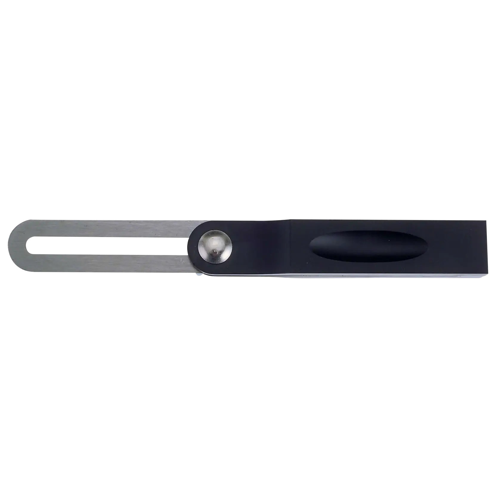 Stanley sliding T-bevel gauge with black handle and stainless steel blade, top view, on white background