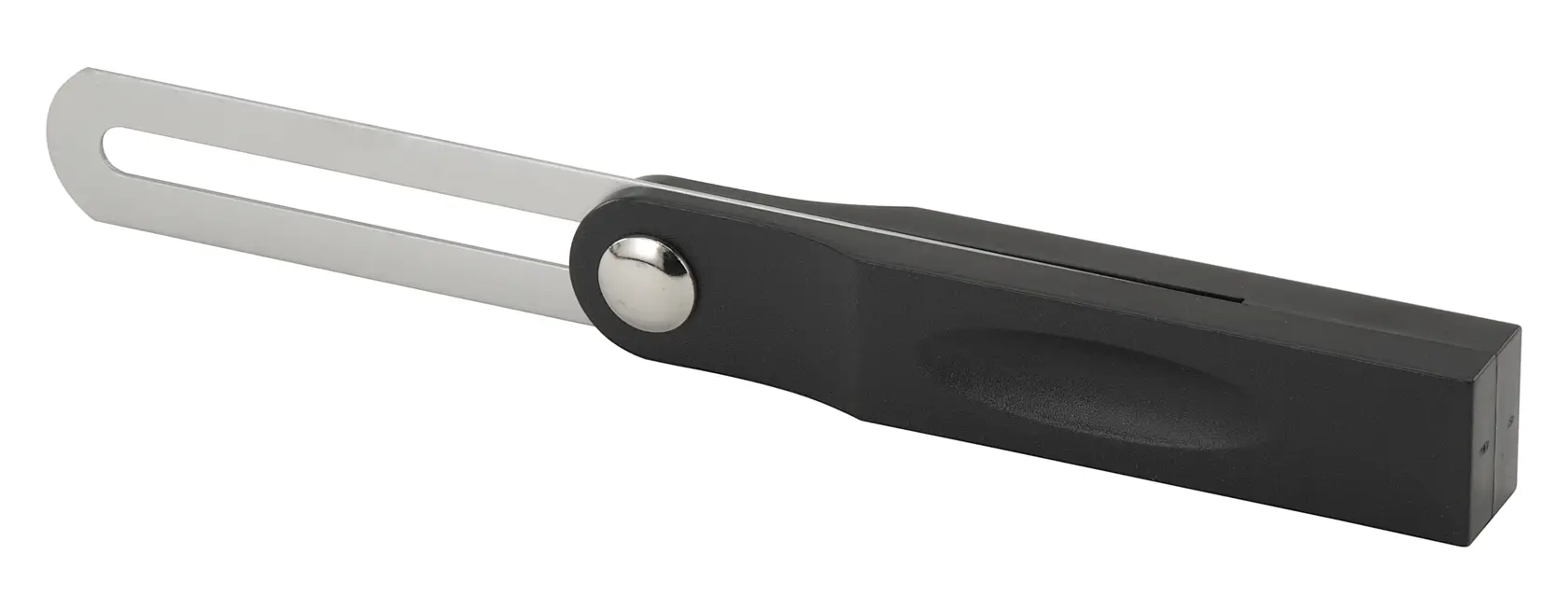 Stanley black plastic and stainless steel sliding angle ruler, side view on white background