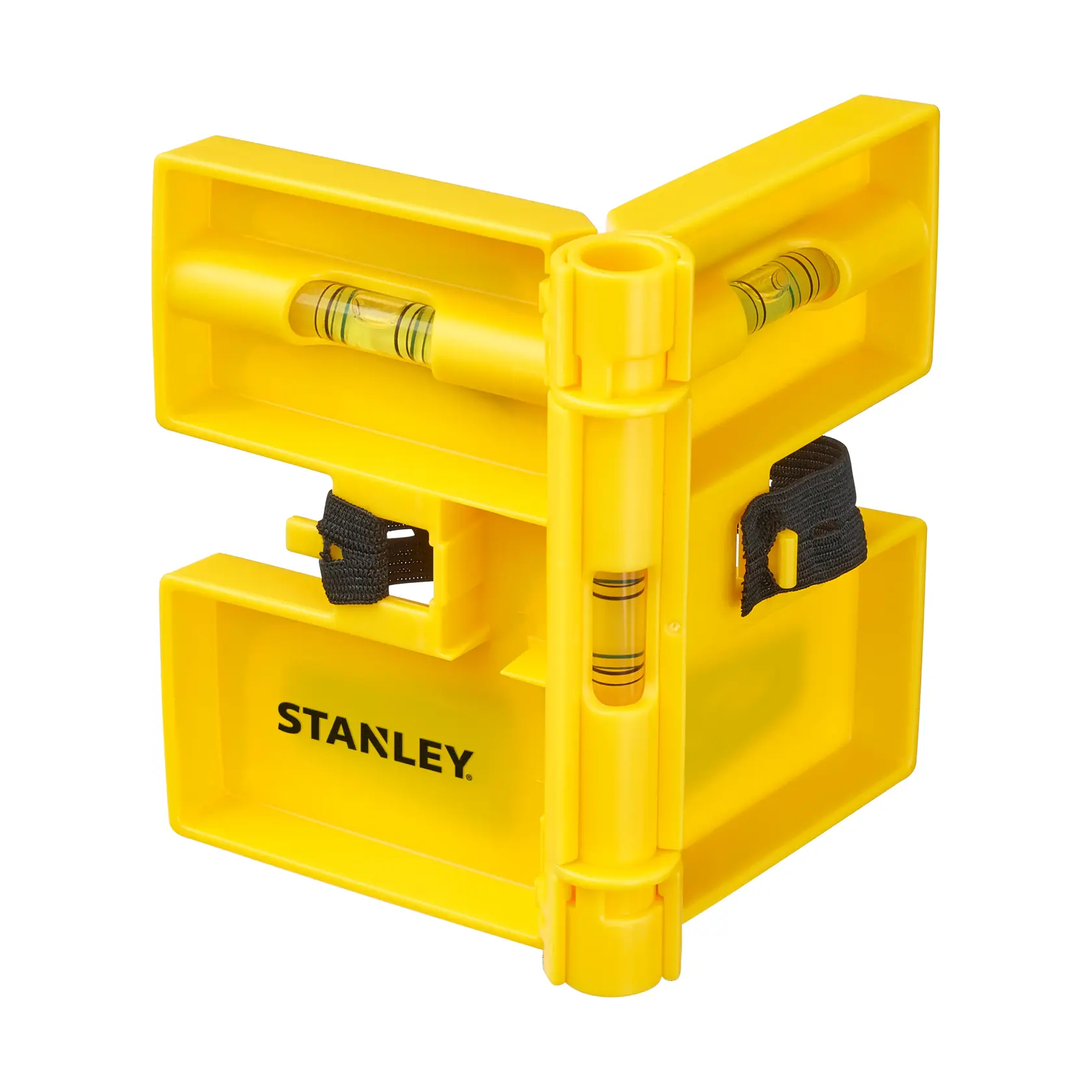 STANLEY yellow plastic post level with three bubble vials and black straps, angled front view on white background