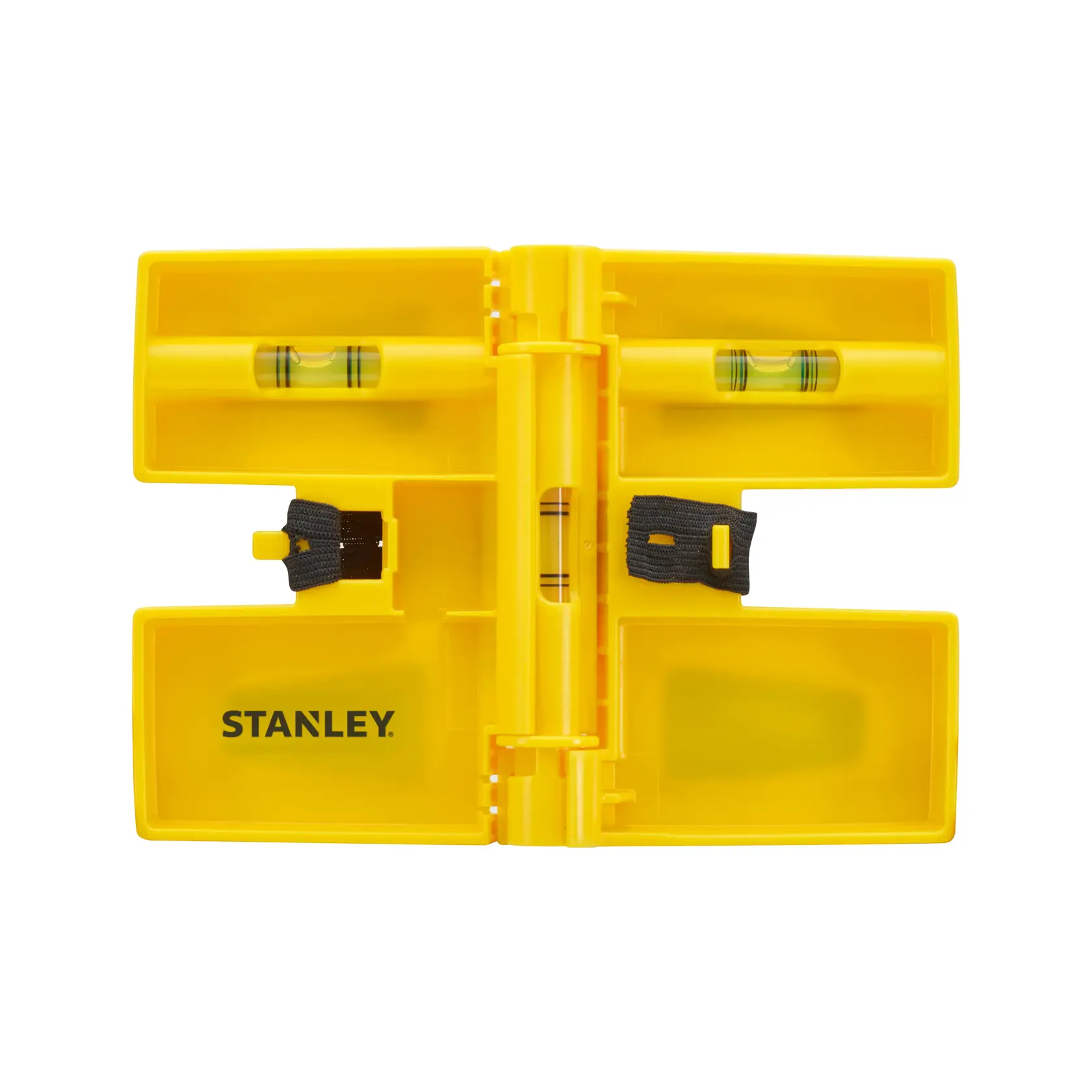Photo of STANLEY 47-720 yellow foldable angle level, open with visible vials, top view.
