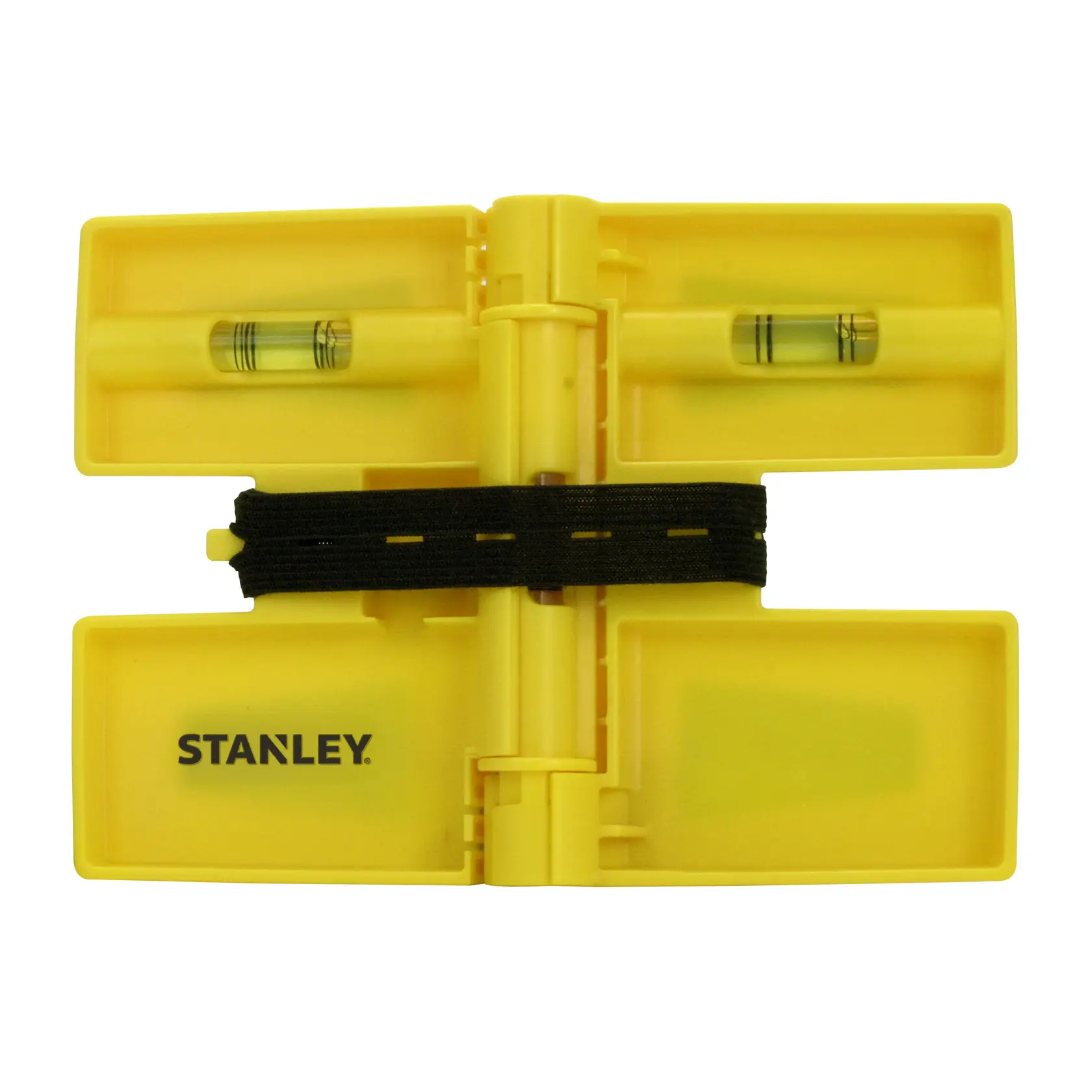 Stanley yellow plastic line level with two vials, open flat, top-down angle, black elastic band in center