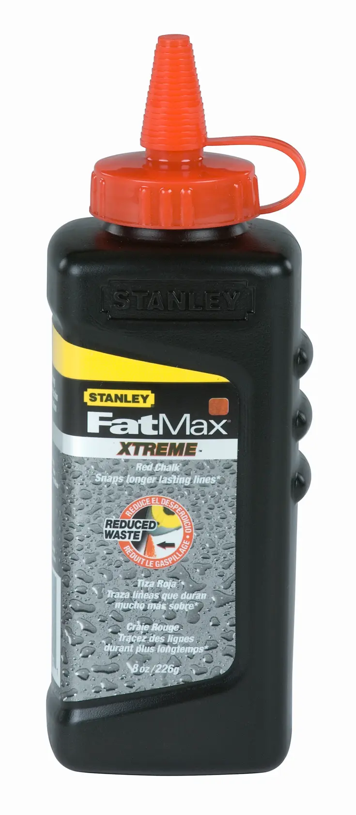 Photo of STANLEY 47-821 FatMax Xtreme red chalk refill bottle, black with red cap, product on white background.