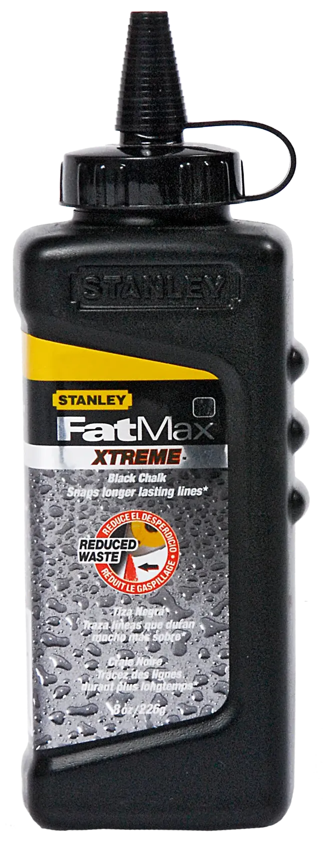 Stanley FatMax Xtreme black chalk bottle with nozzle for marking lasting lines.