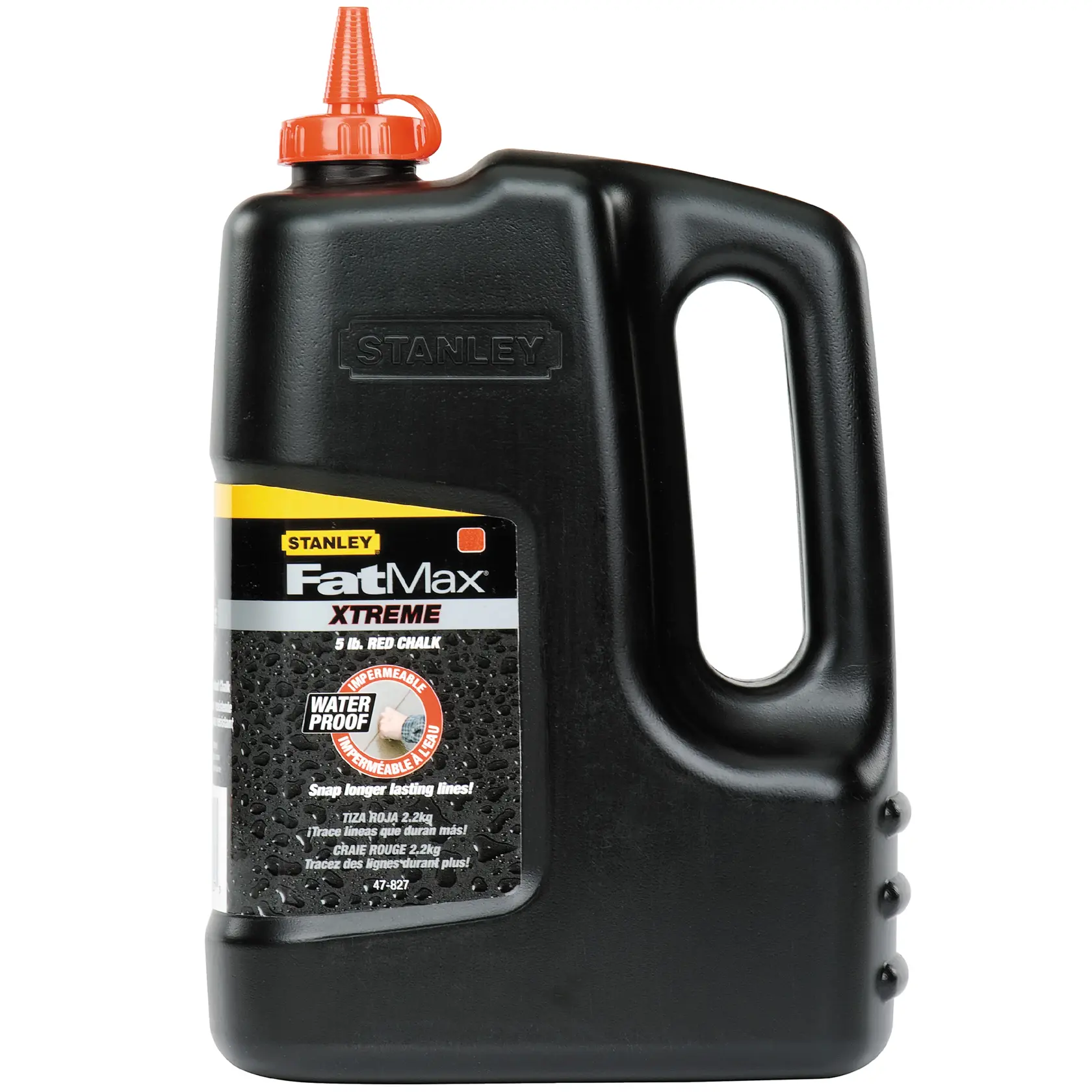 Stanley FatMax Xtreme red chalk powder in a black plastic container with a handle and orange nozzle.