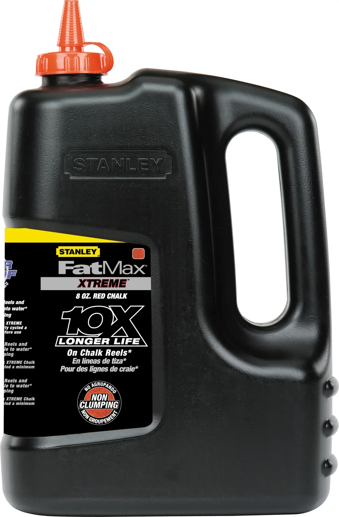 STANLEY SKU 47-827 photography of FatMax XTREME black chalk bottle with red nozzle, front angle on white background.