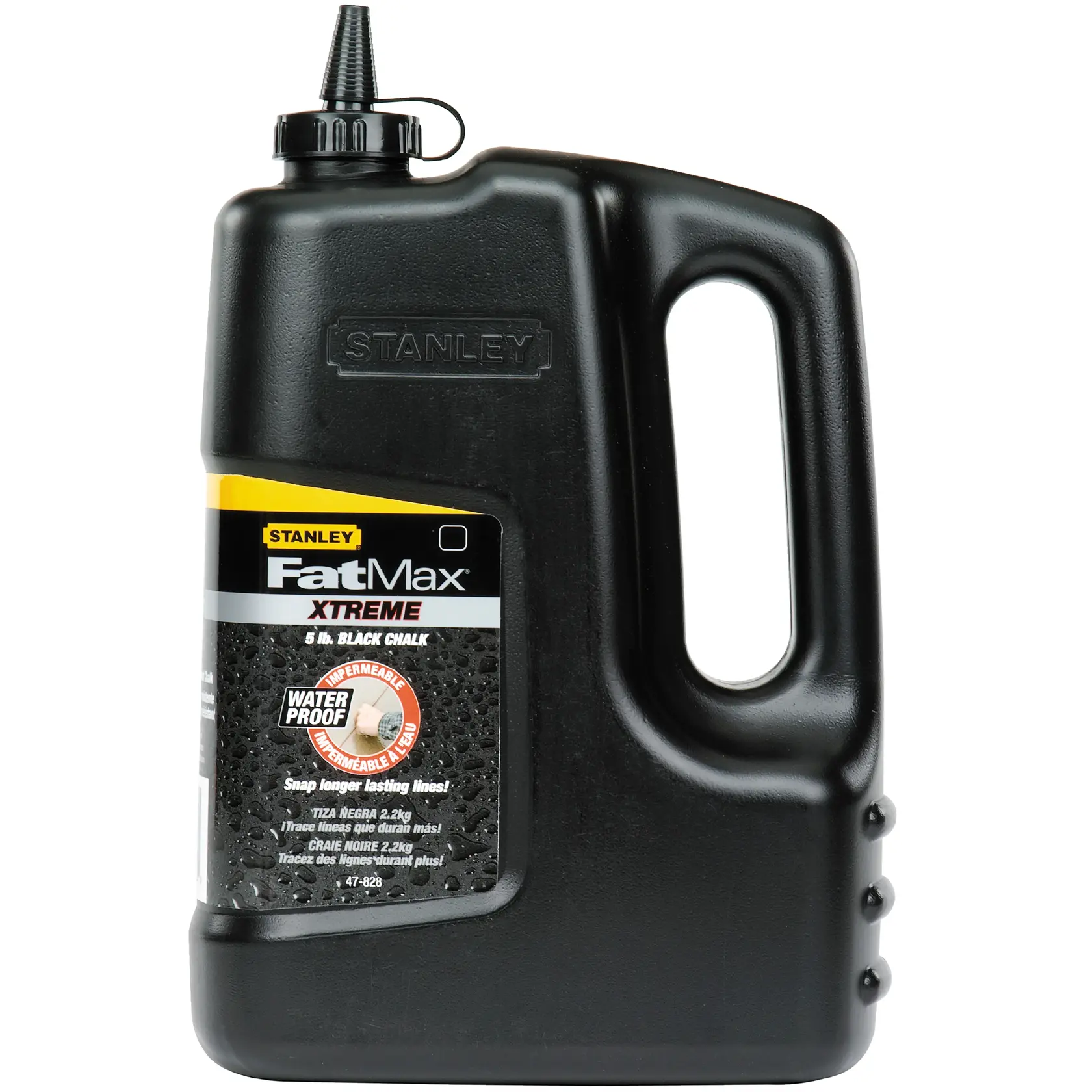 Photo of STANLEY 47-828 FatMax Xtreme 5 lb black chalk bottle, waterproof, front view with handle and spout.