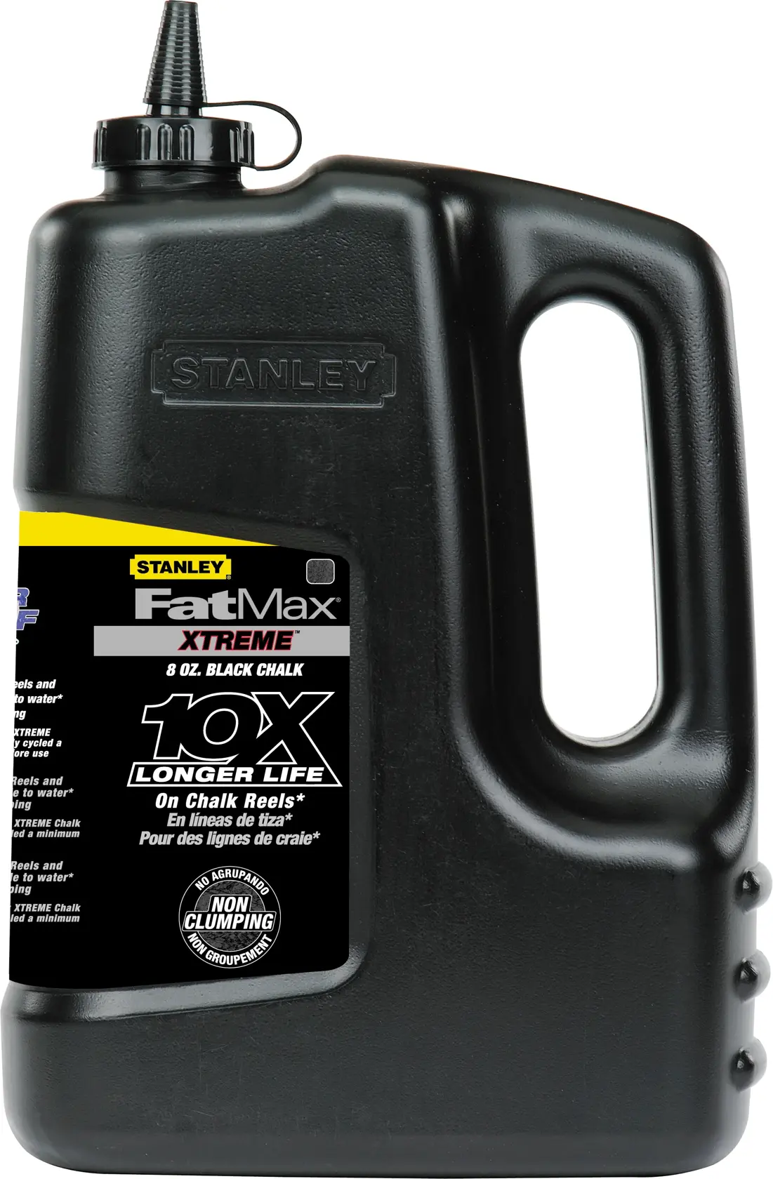 STANLEY 47-828 FatMax Xtreme 8 oz black chalk container, front angle, with non-clumping label.