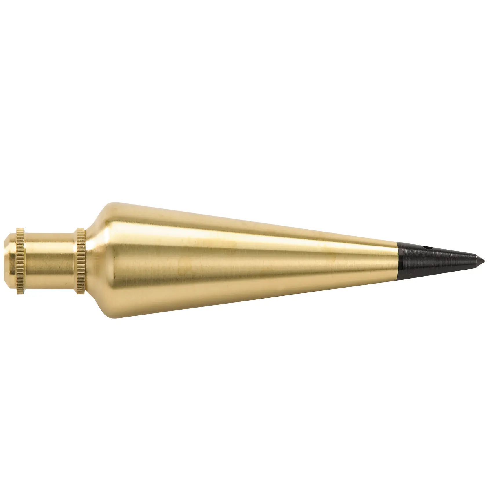 STANLEY brass plumb bob side view on white background, featuring cylindrical body and pointed steel tip
