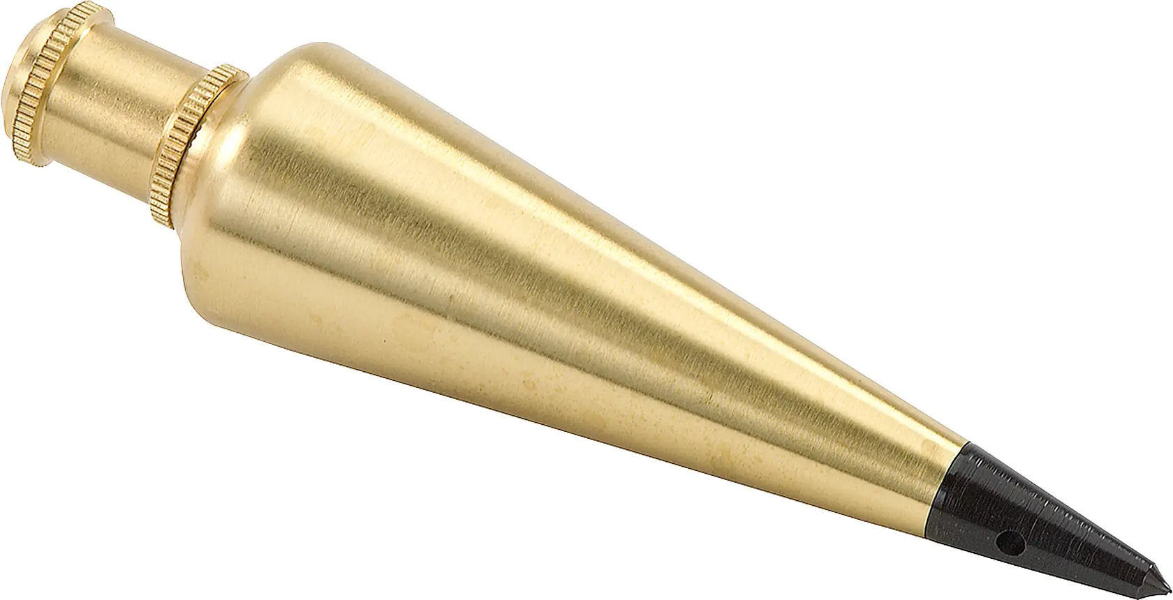 STANLEY 47-973 brass plumb bob, conical shape, side angle on white background, hand tool.