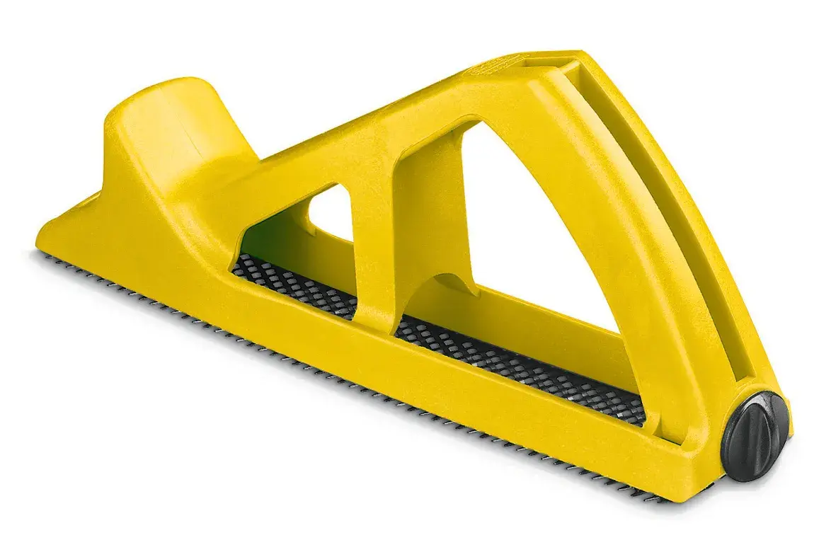 Photo of STANLEY 5-21-103 yellow hand rasp tool, angled view, black blade for woodworking or metalworking.