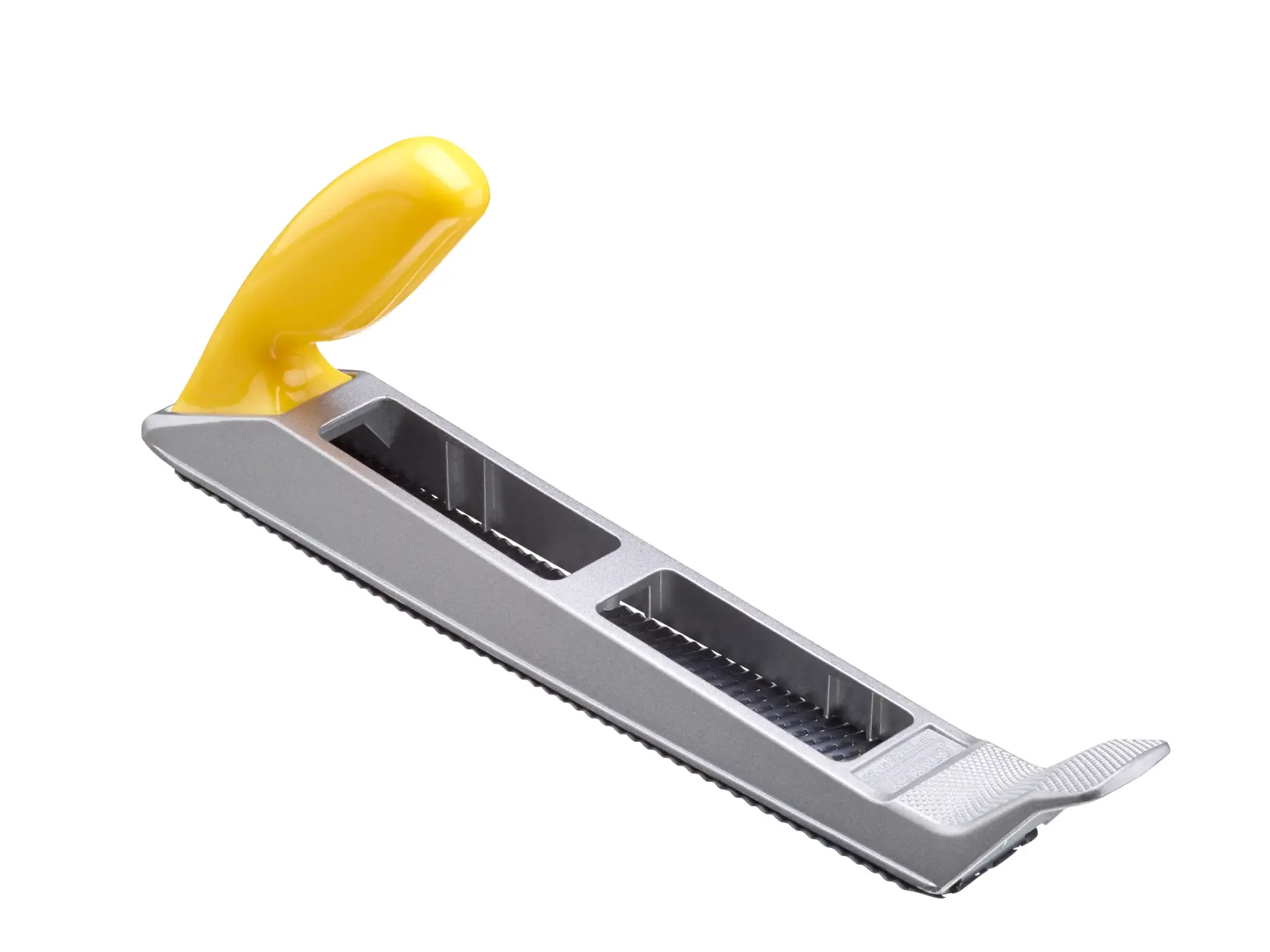 STANLEY 5-21-122 surform plane with metal body and yellow handle, angled side view on white background.