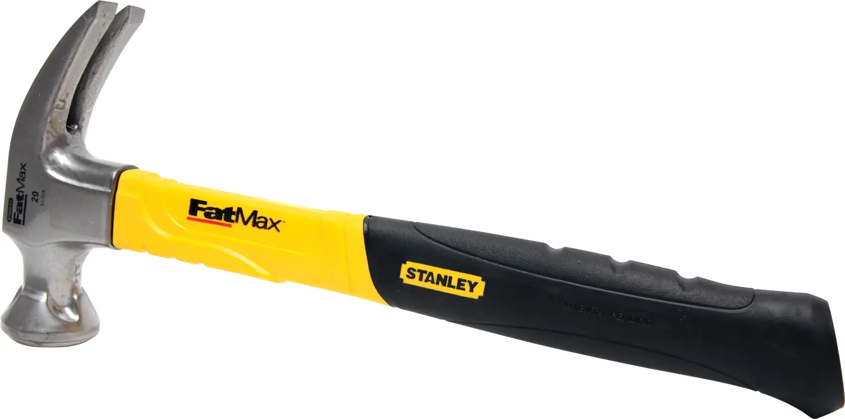 Photo of STANLEY 51-508 FatMax claw hammer with yellow and black handle, side view on white background.