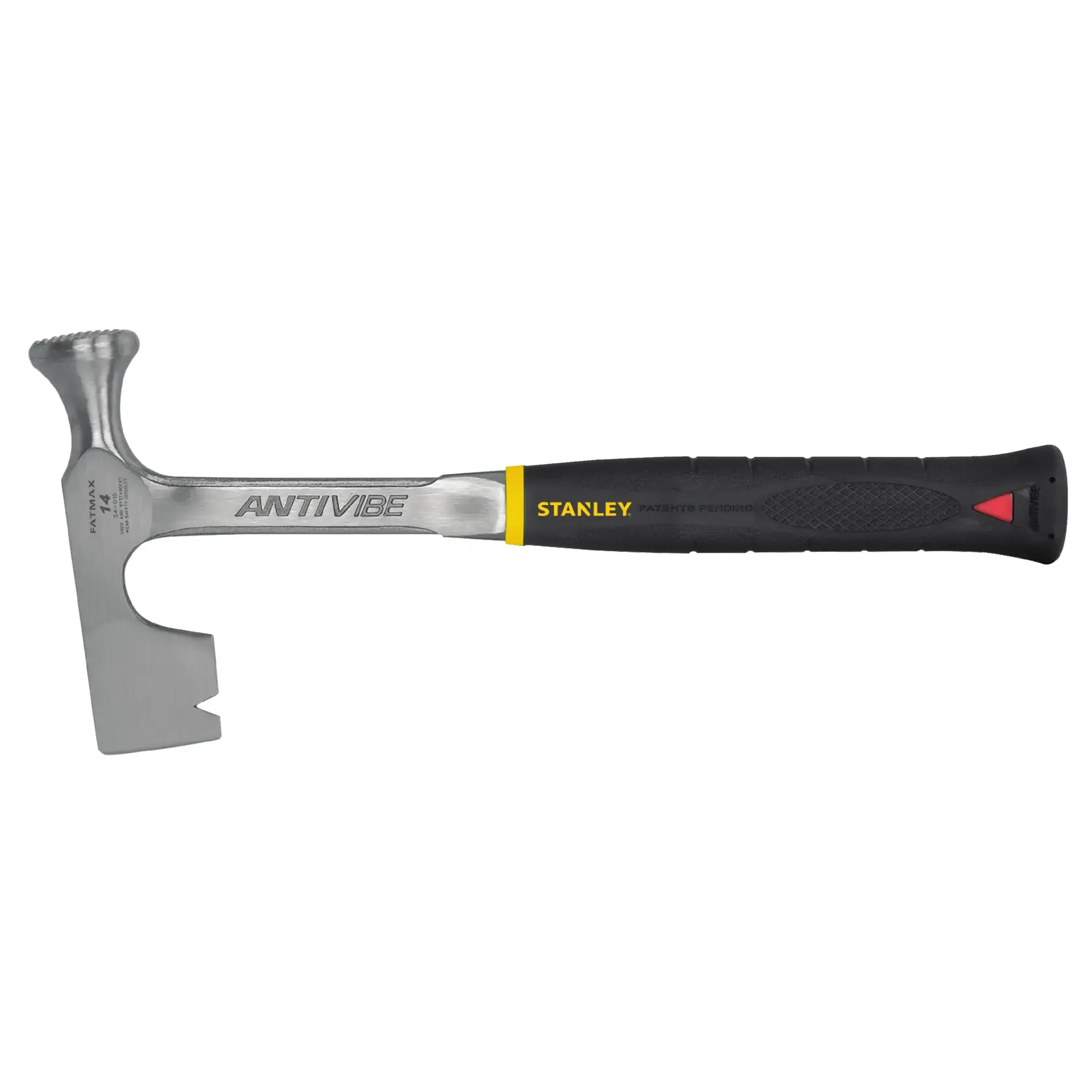 Stanley steel framing hammer with black rubber handle, ANTIVIBE logo, side angle on white background