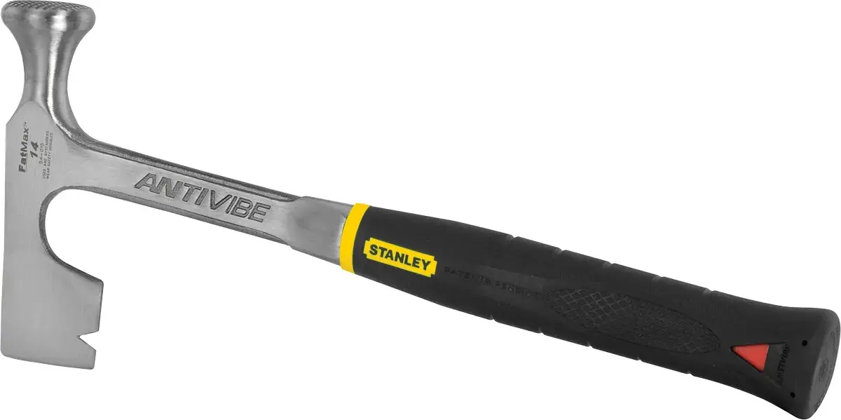 Stanley framing hammer side view on white background, steel head with AntiVibe marking and black grip handle