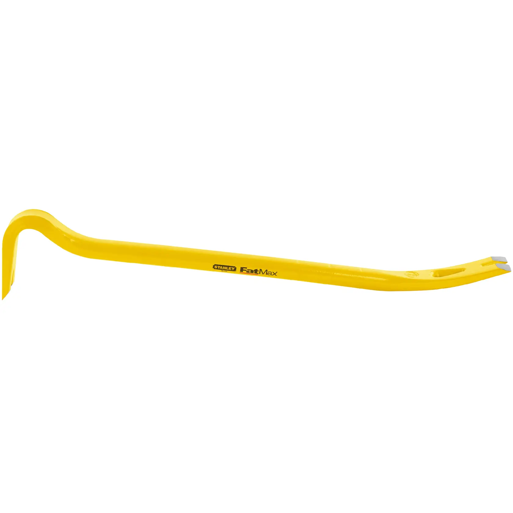 Photo of STANLEY 55-102 yellow pry bar tool, side angle, with curved and flat ends.