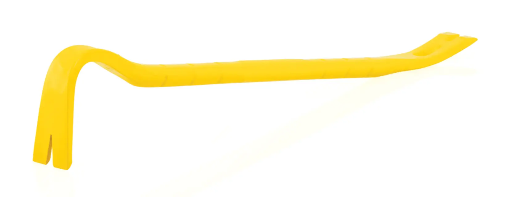 Photo of STANLEY 55-102 yellow pry bar, side angle, with curved and flat ends on white background.