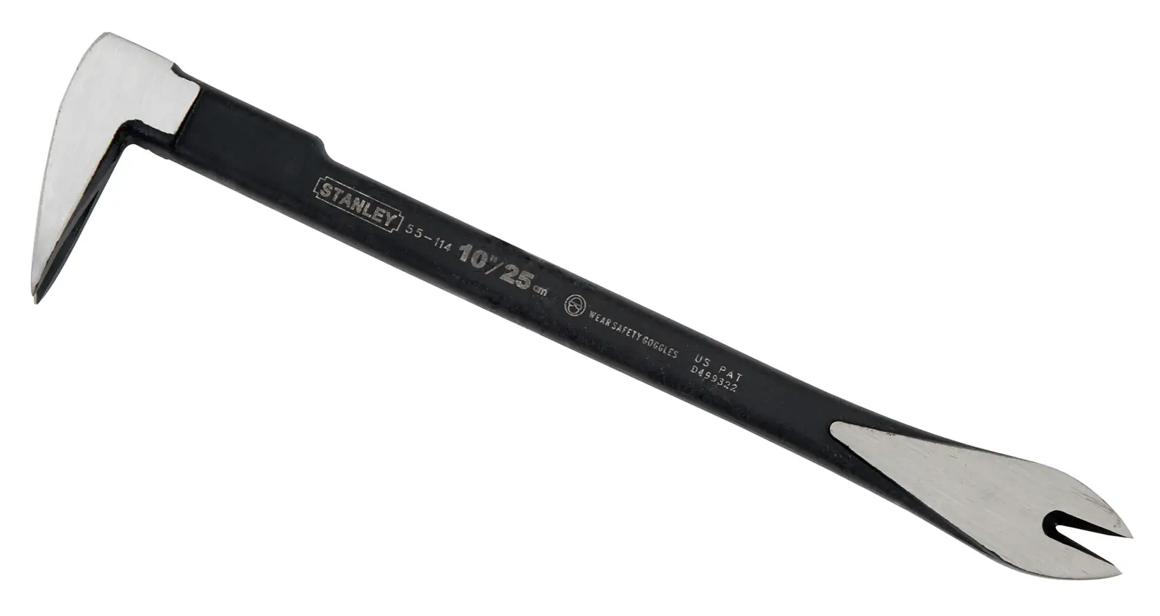 Stanley 10-inch steel pry bar with angled ends for leverage, photographed on a white background.