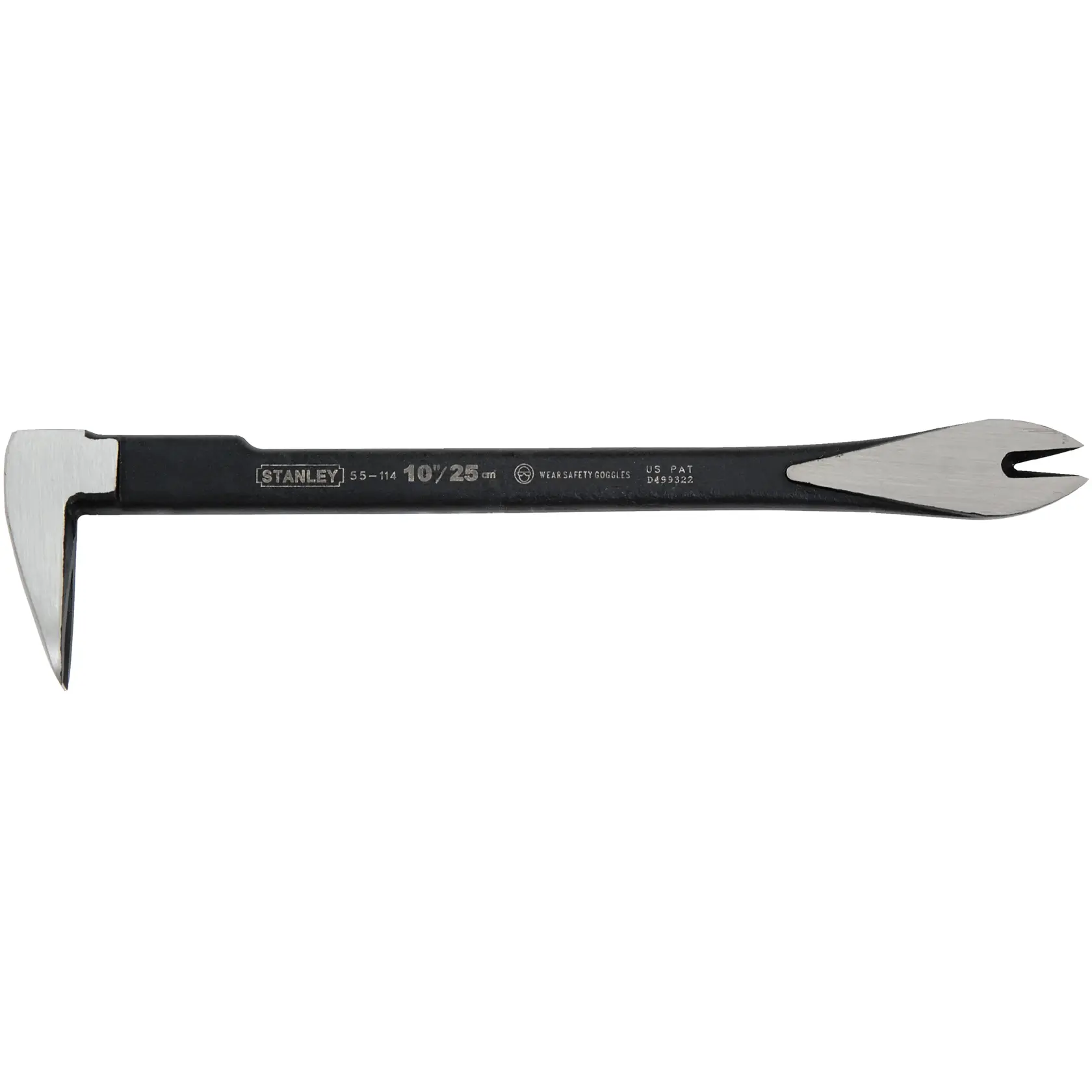 Stanley 10-inch nail puller tool with a claw end and flat pry bar for removing nails.