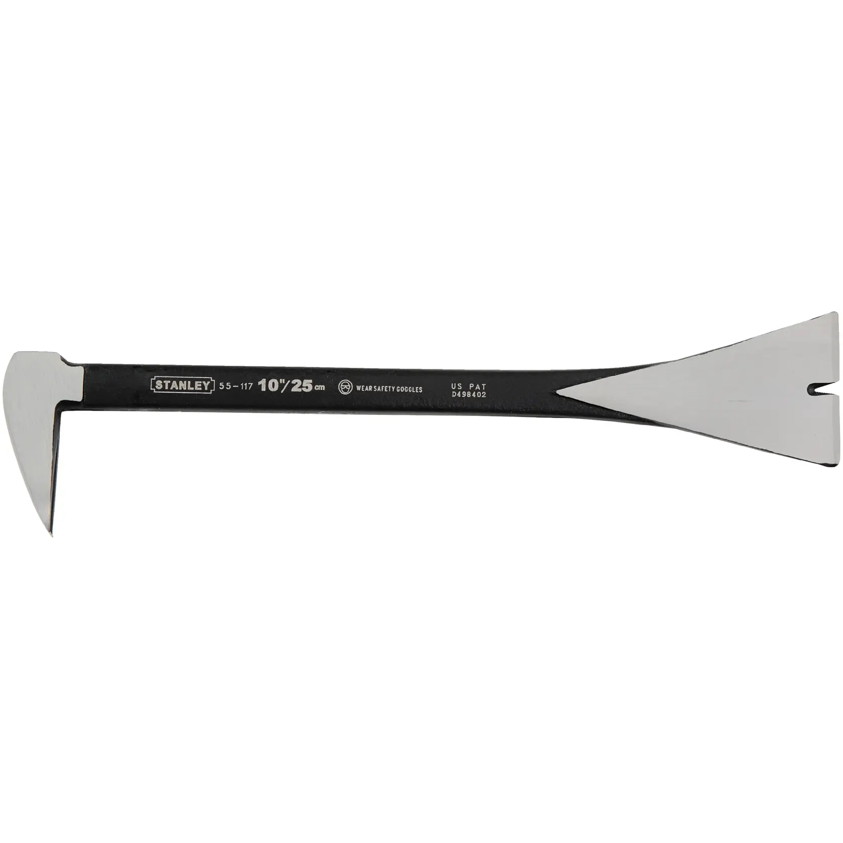 STANLEY 55-117 flat bar, black with polished ends, 10 inch length, side view on white background.