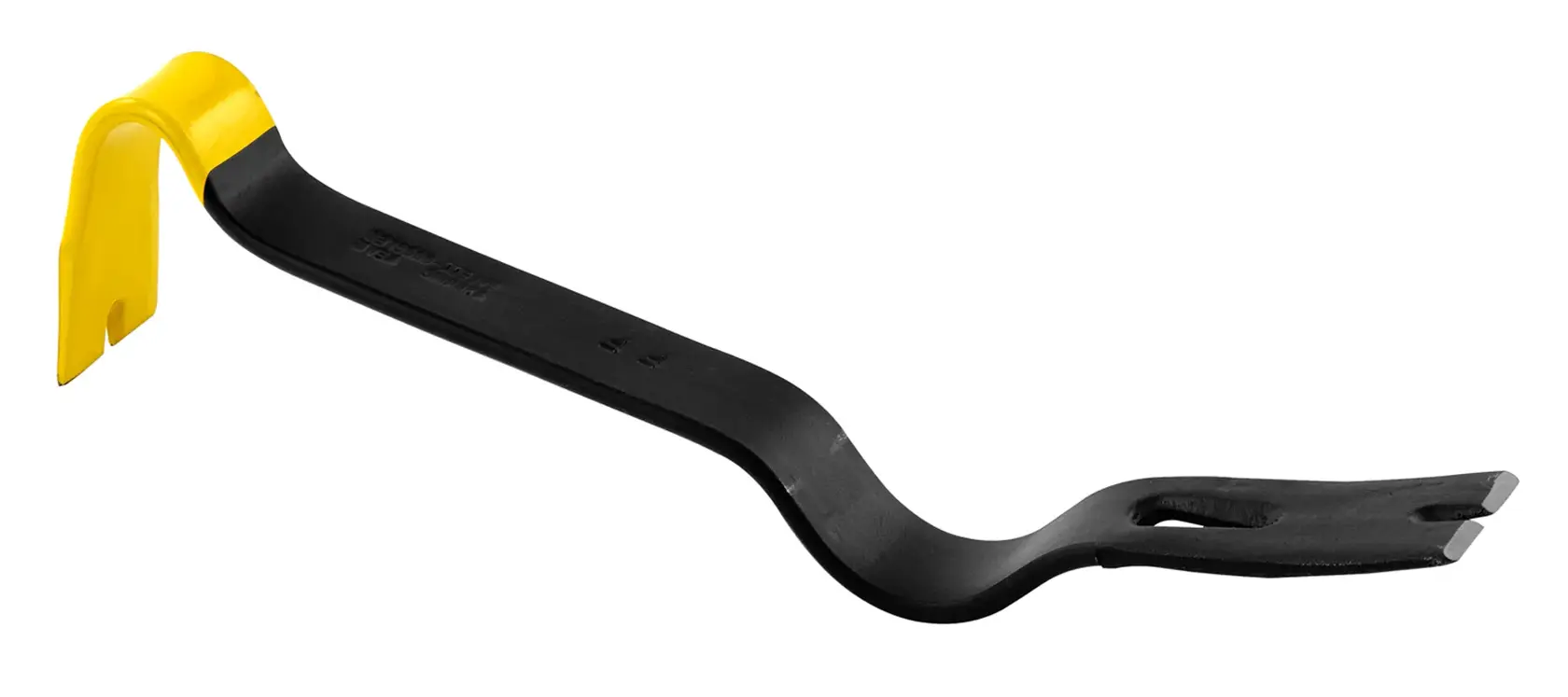 Stanley curved pry bar with yellow end for prying and nail removal, shown on a white background.
