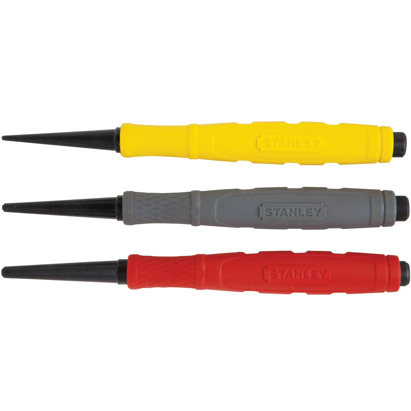 STANLEY 58-930 punch set with yellow, gray, and red handles, side angle photo on white background.
