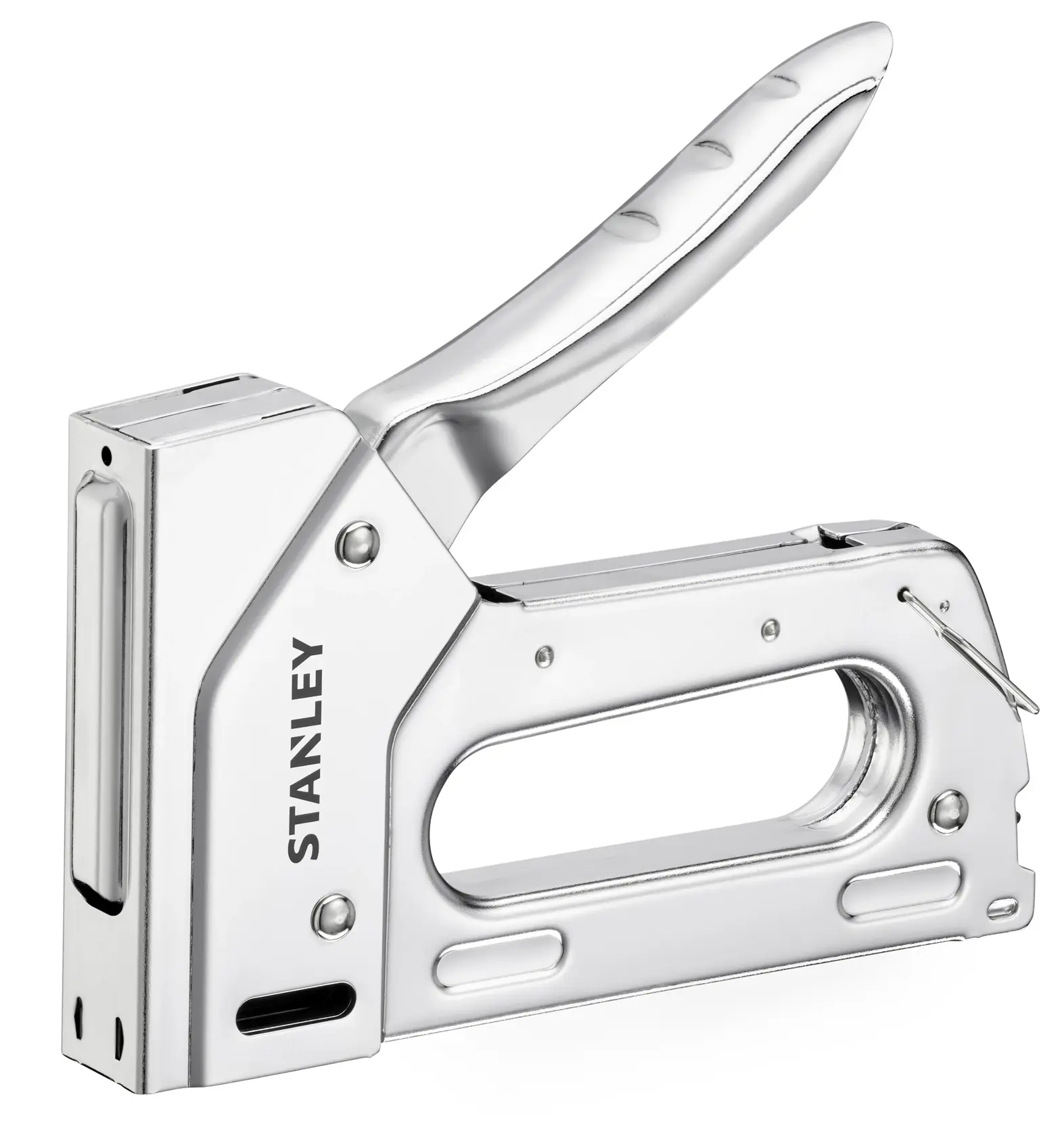 Silver Stanley heavy-duty staple gun with ergonomic handle, designed for fastening tasks and photography use.
