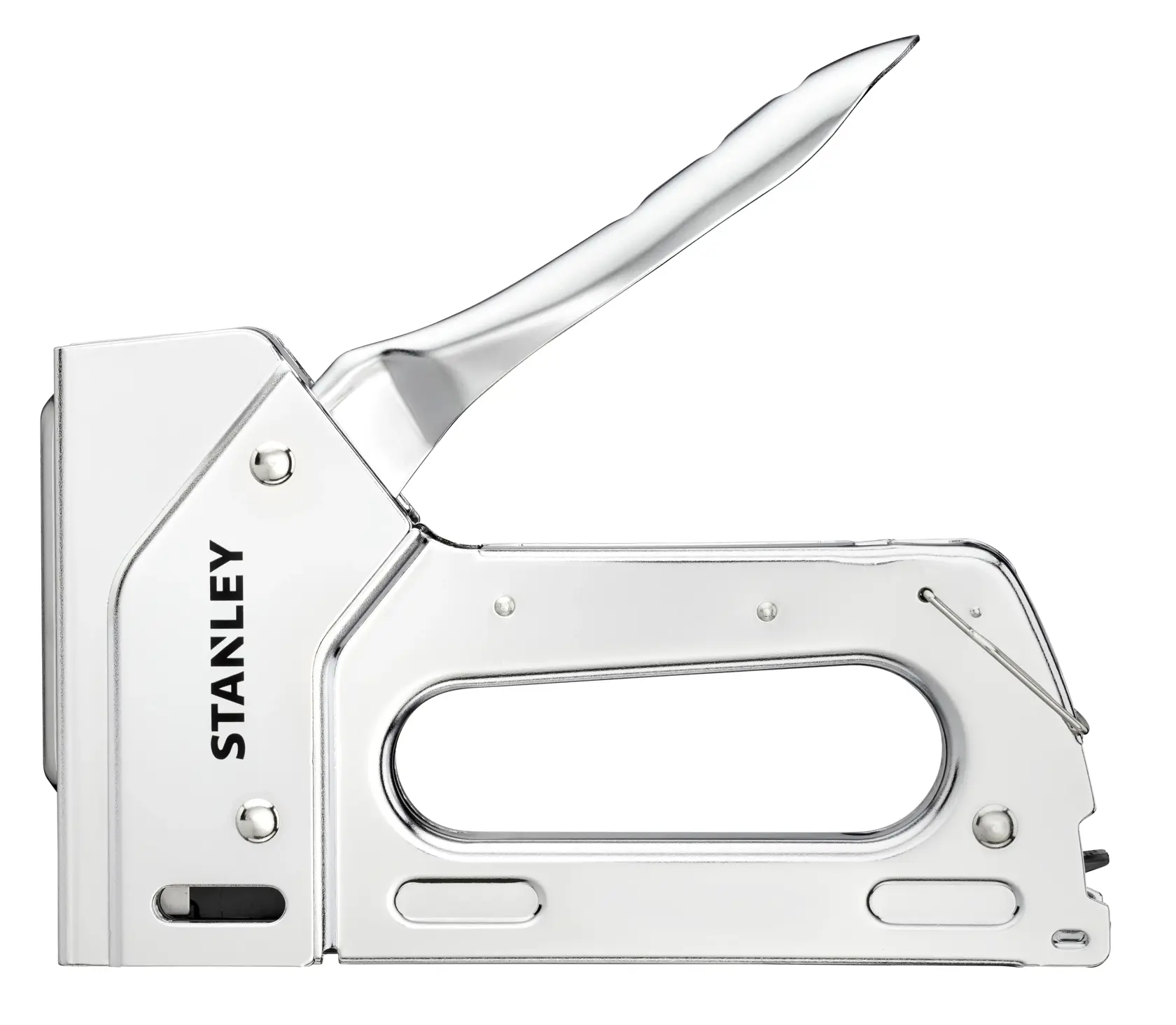 STANLEY 6-TR110 heavy-duty staple gun, silver metal, side view, white background.