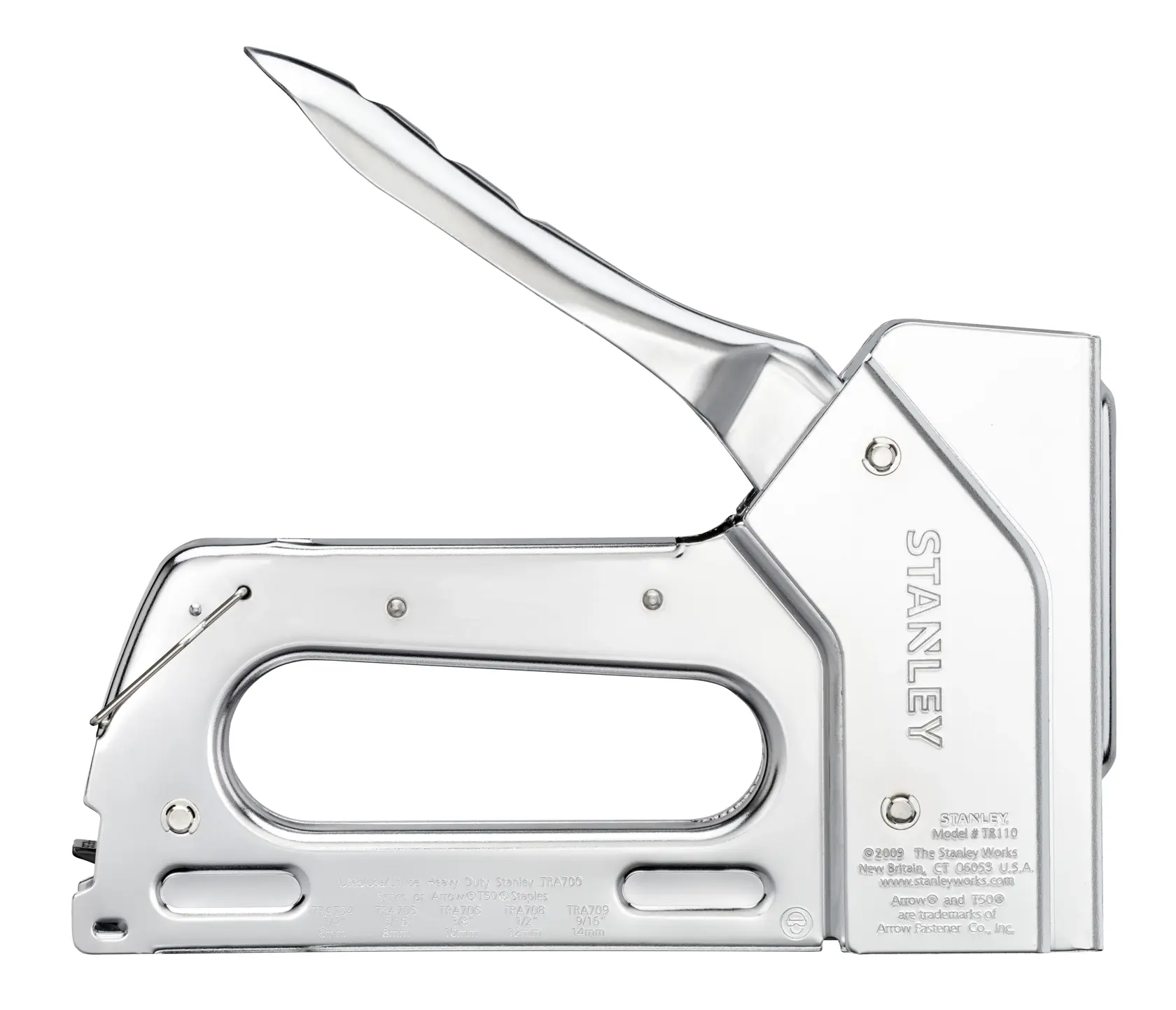 STANLEY 6-TR110 heavy-duty stapler side view, chrome finish, large handle, metal construction, on white background.