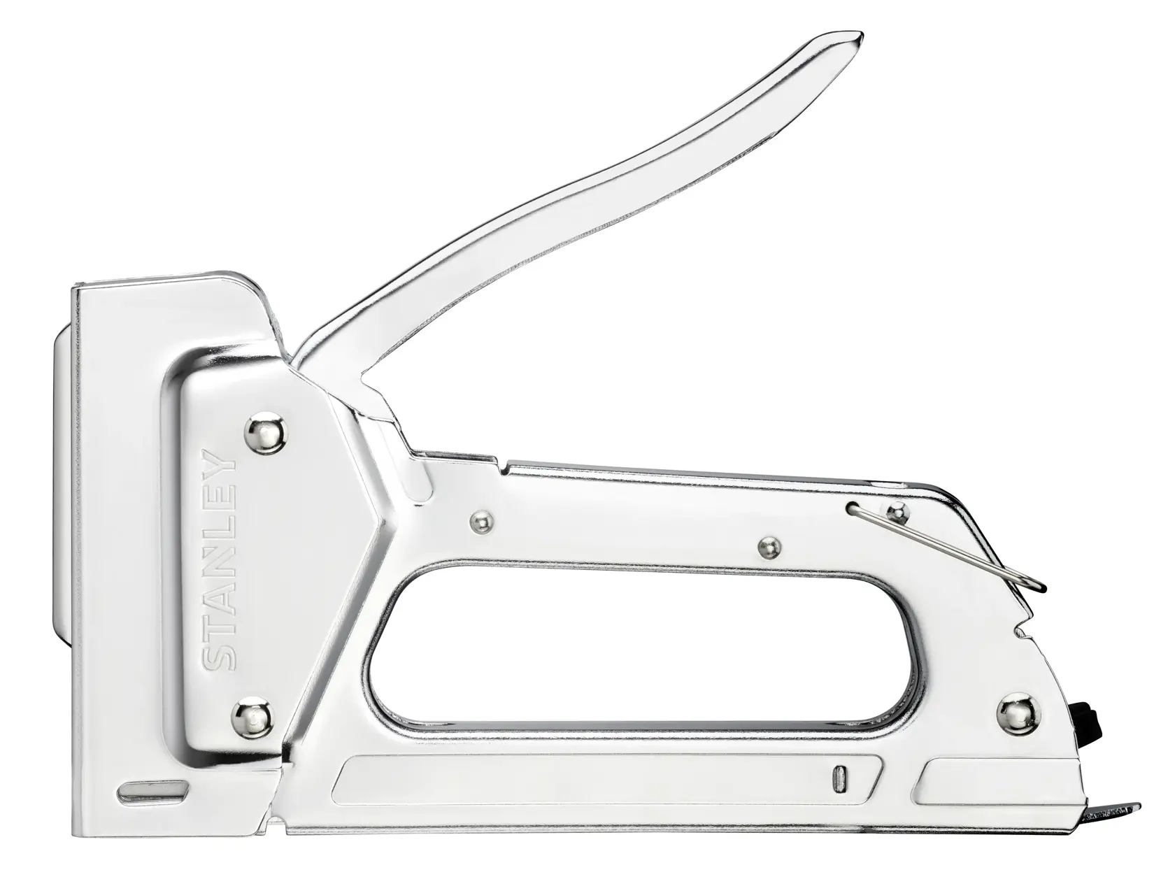 Photo of STANLEY 6-TR45 heavy-duty metal staple gun, side view on white background.