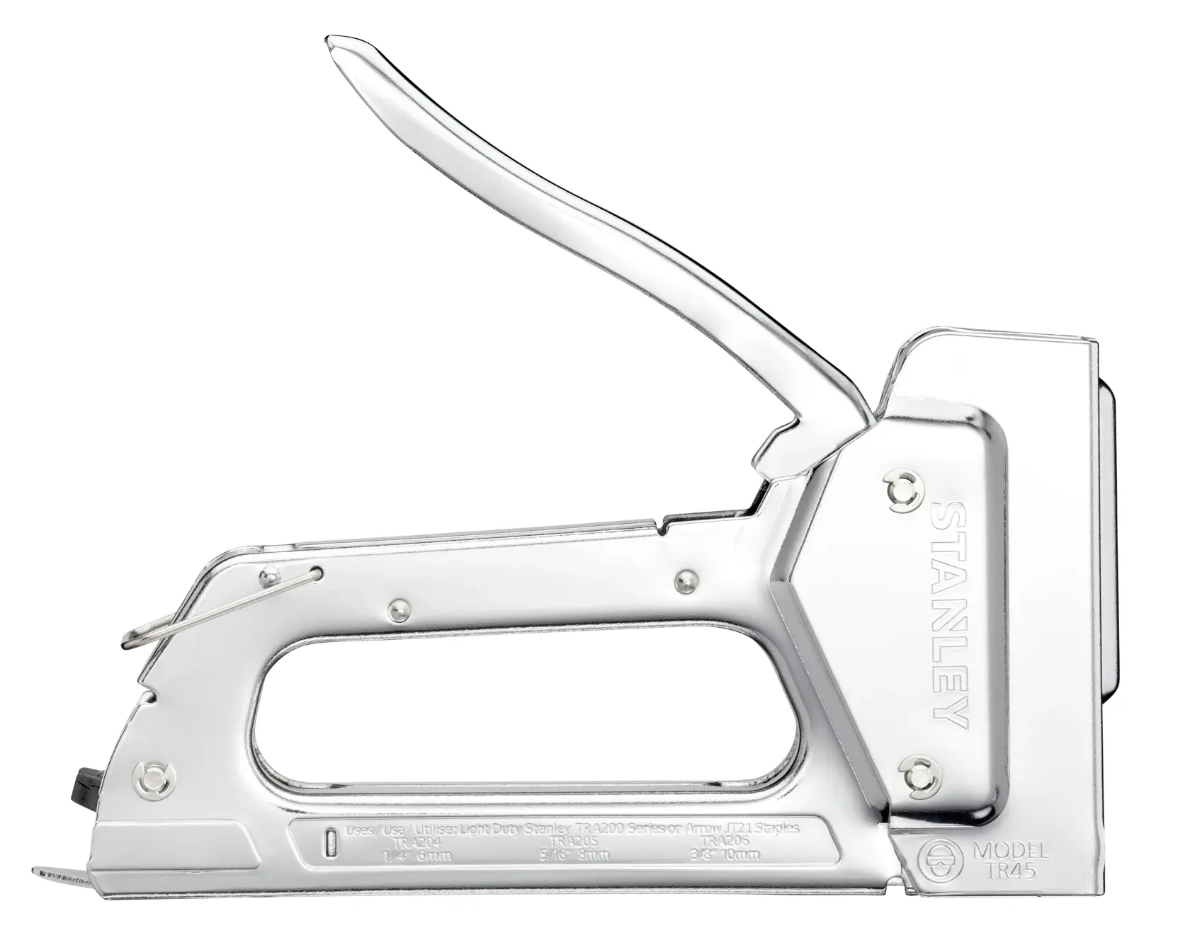 STANLEY 6-TR45 light duty staple gun, silver metal, side view on white background.
