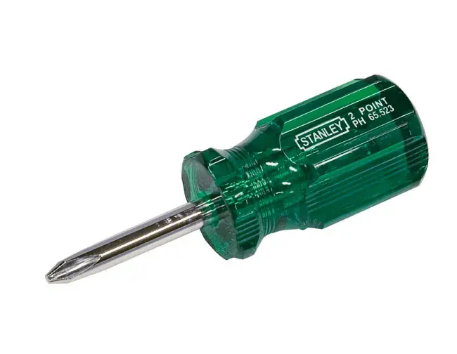 STANLEY 65-523 stubby Phillips screwdriver with green translucent handle, side angle, white background.