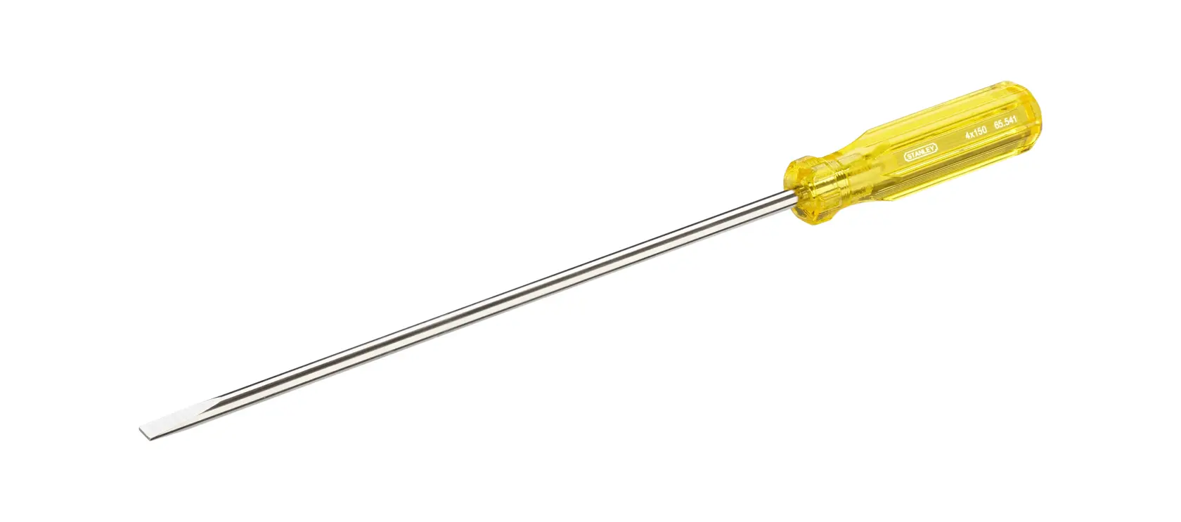 STANLEY 65-541 slotted screwdriver with yellow translucent handle, side angle, on white background.