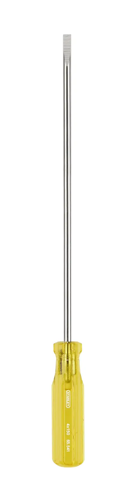 STANLEY 65-541 long flathead screwdriver with yellow handle, front angle on white background.
