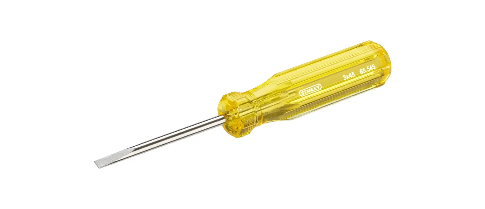 STANLEY 65-545 slotted screwdriver with yellow translucent handle, side view on white background.