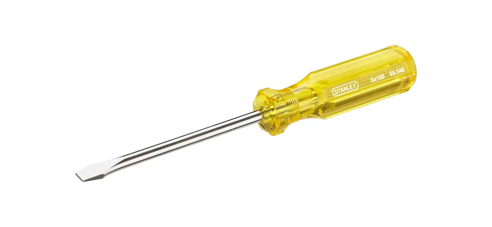 STANLEY 65-546 flathead screwdriver with yellow handle, side angle, against white background.