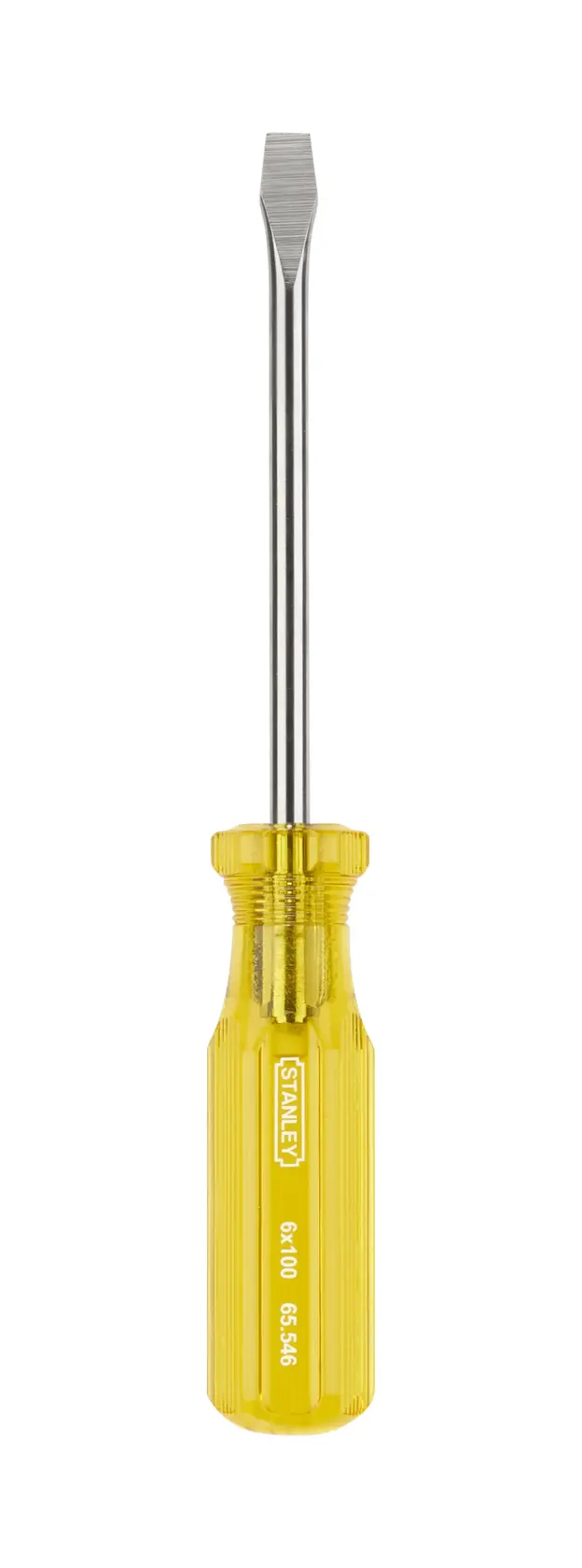 STANLEY 65-546 flathead screwdriver, yellow handle, front view on white background.